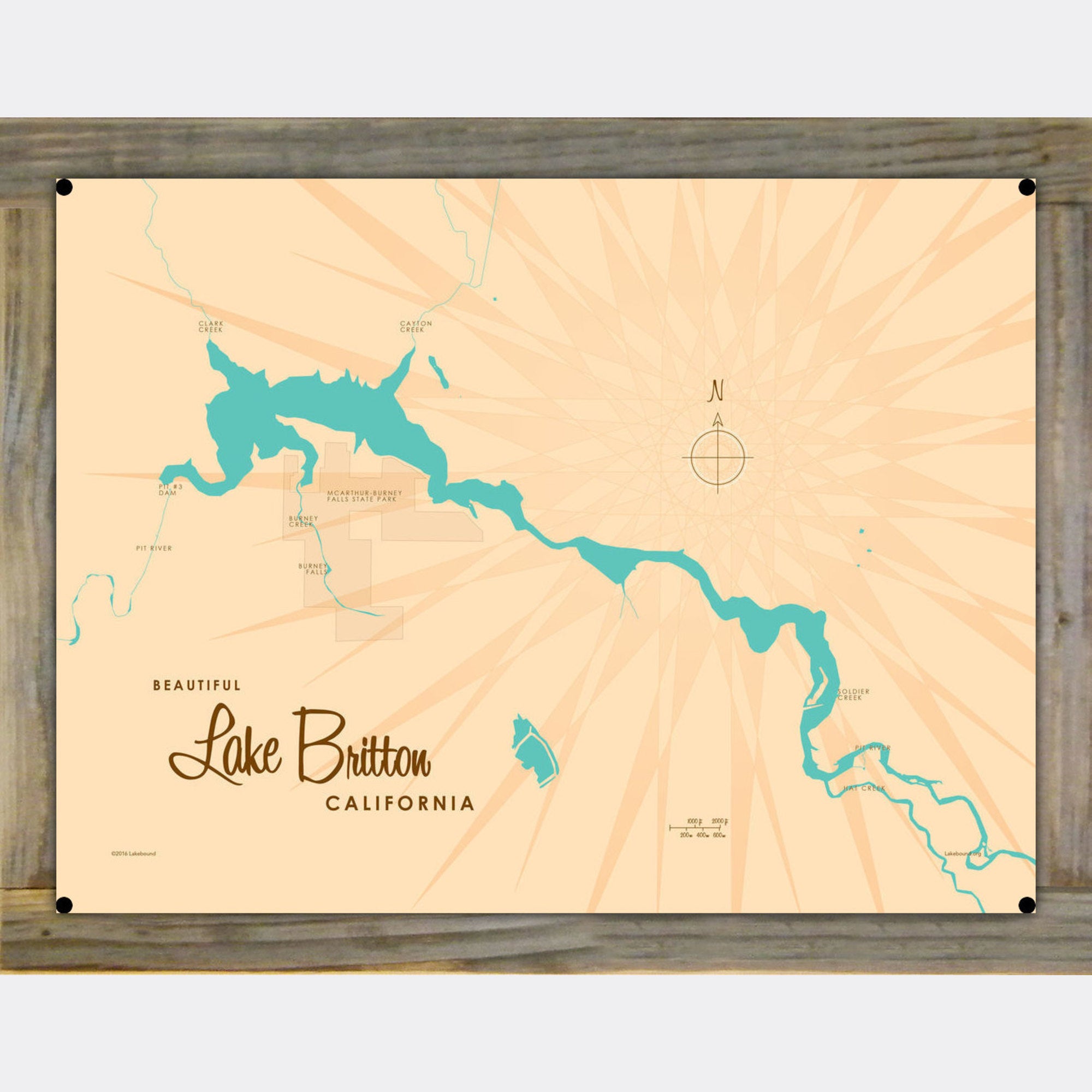 Lake Britton California, Wood-Mounted Metal Sign Map Art