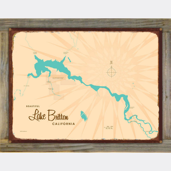 Lake Britton California, Wood-Mounted Rustic Metal Sign Map Art