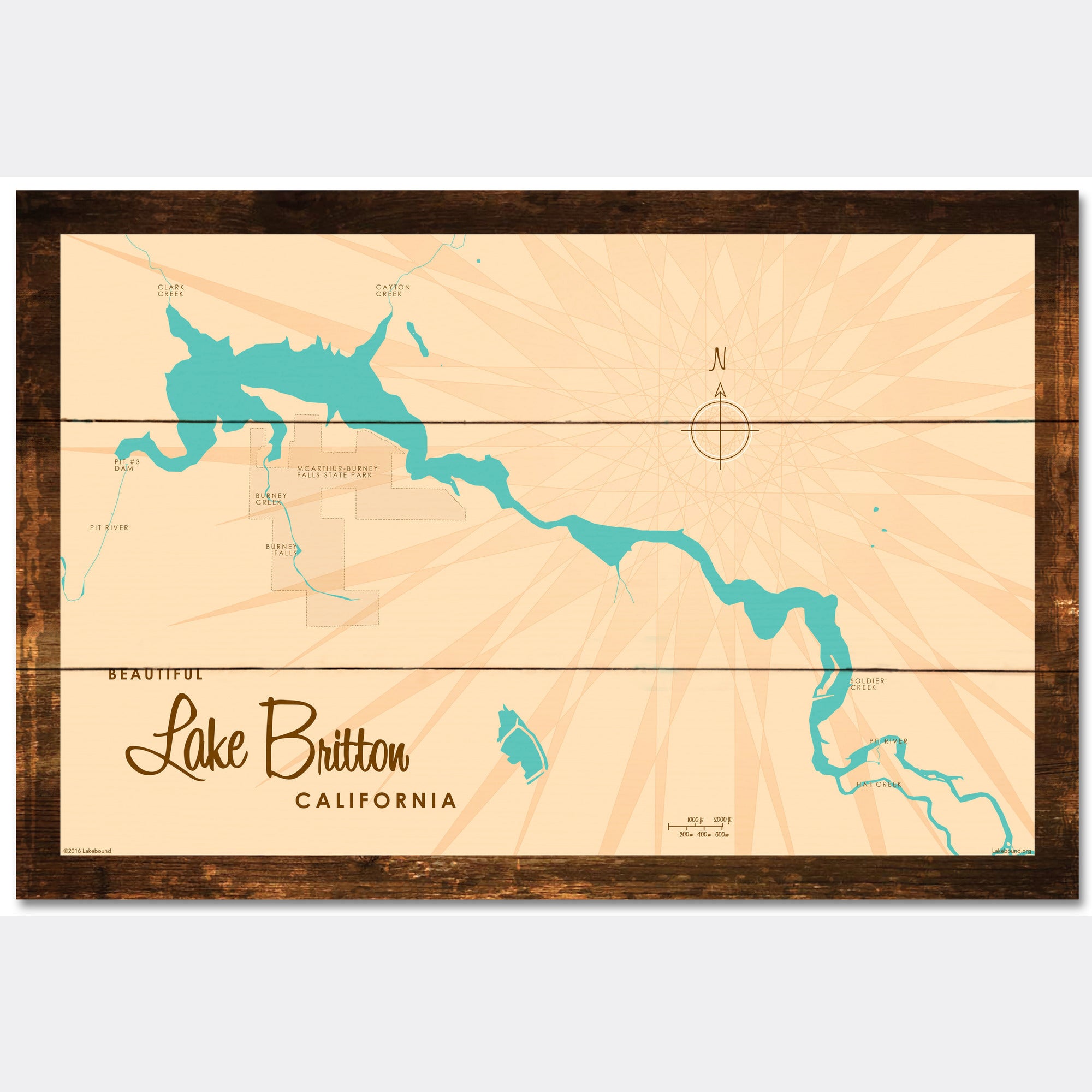 Lake Britton California, Rustic Wood Sign Map Art