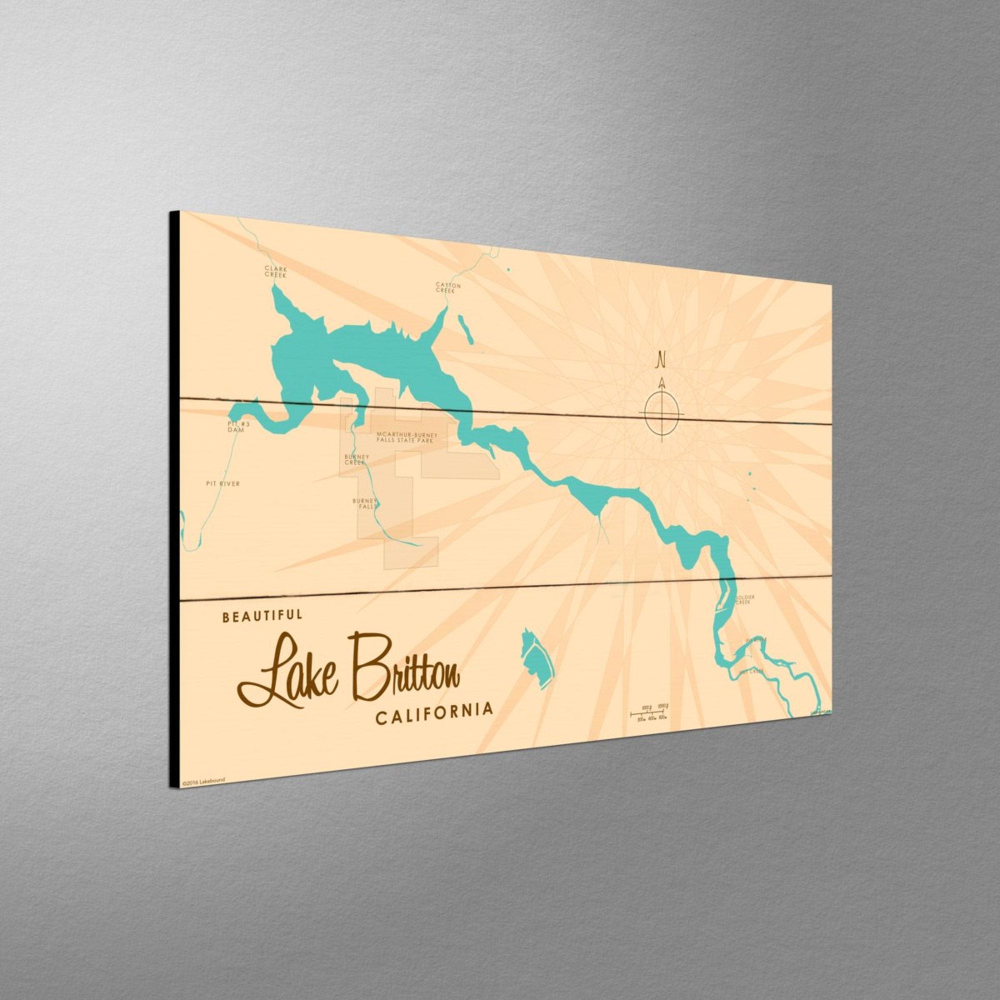 Lake Britton California, Wood Sign Map Art