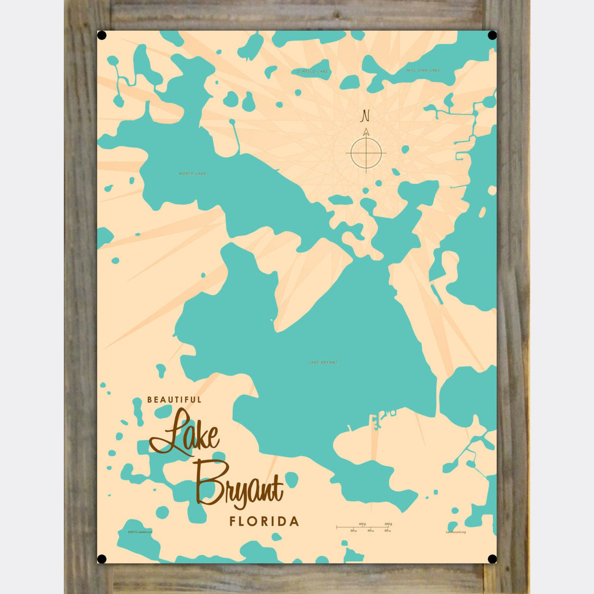 Lake Bryant Florida, Wood-Mounted Metal Sign Map Art
