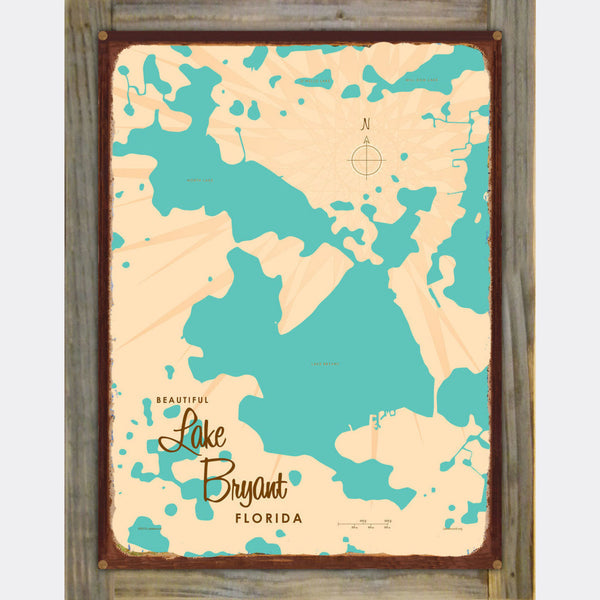 Lake Bryant Florida, Wood-Mounted Rustic Metal Sign Map Art