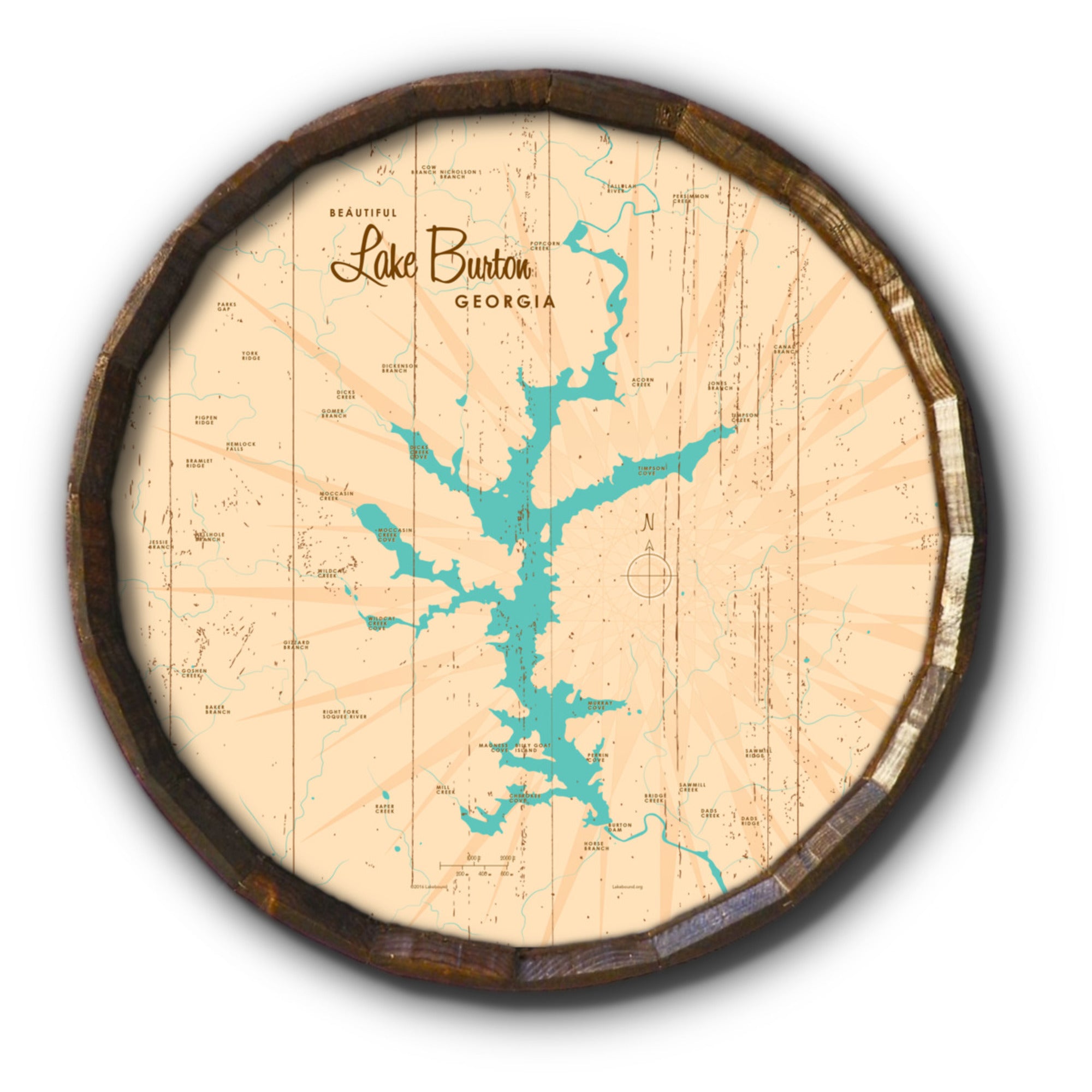 Lake Burton Georgia, Rustic Barrel End Map Art