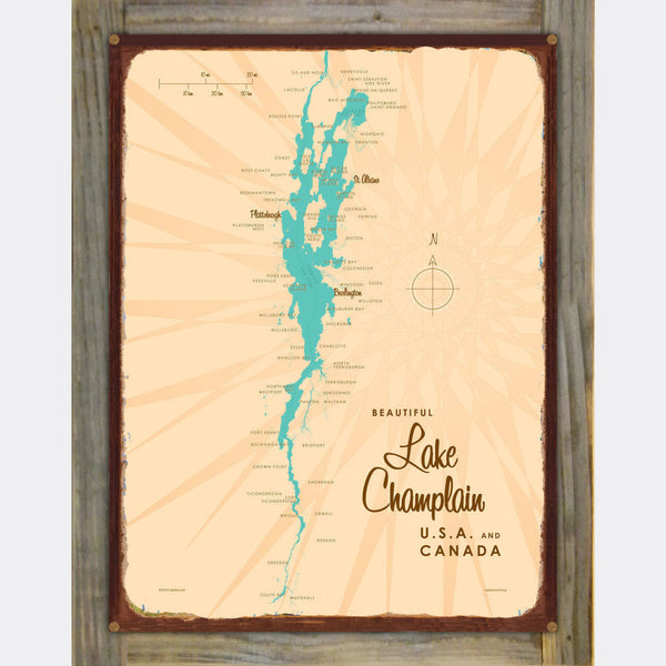 Lake Champlain New York, Wood-Mounted Rustic Metal Sign Map Art
