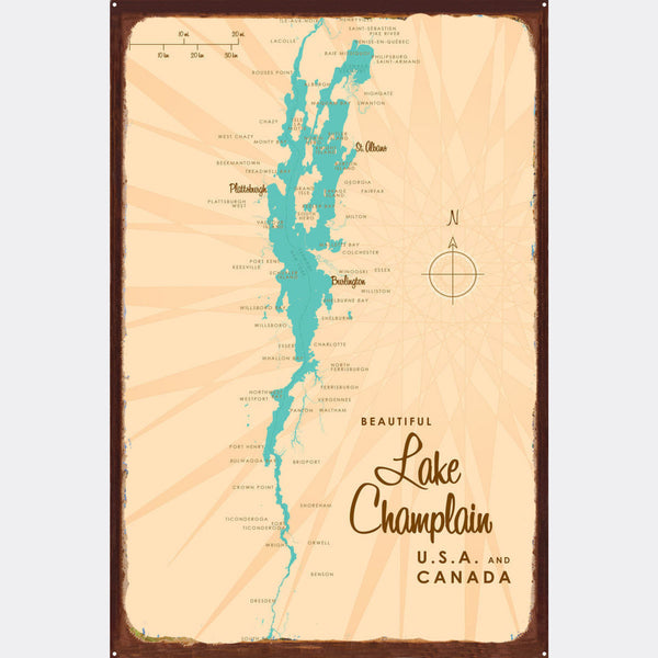 Lake Champlain New York, Rustic Metal Sign Map Art