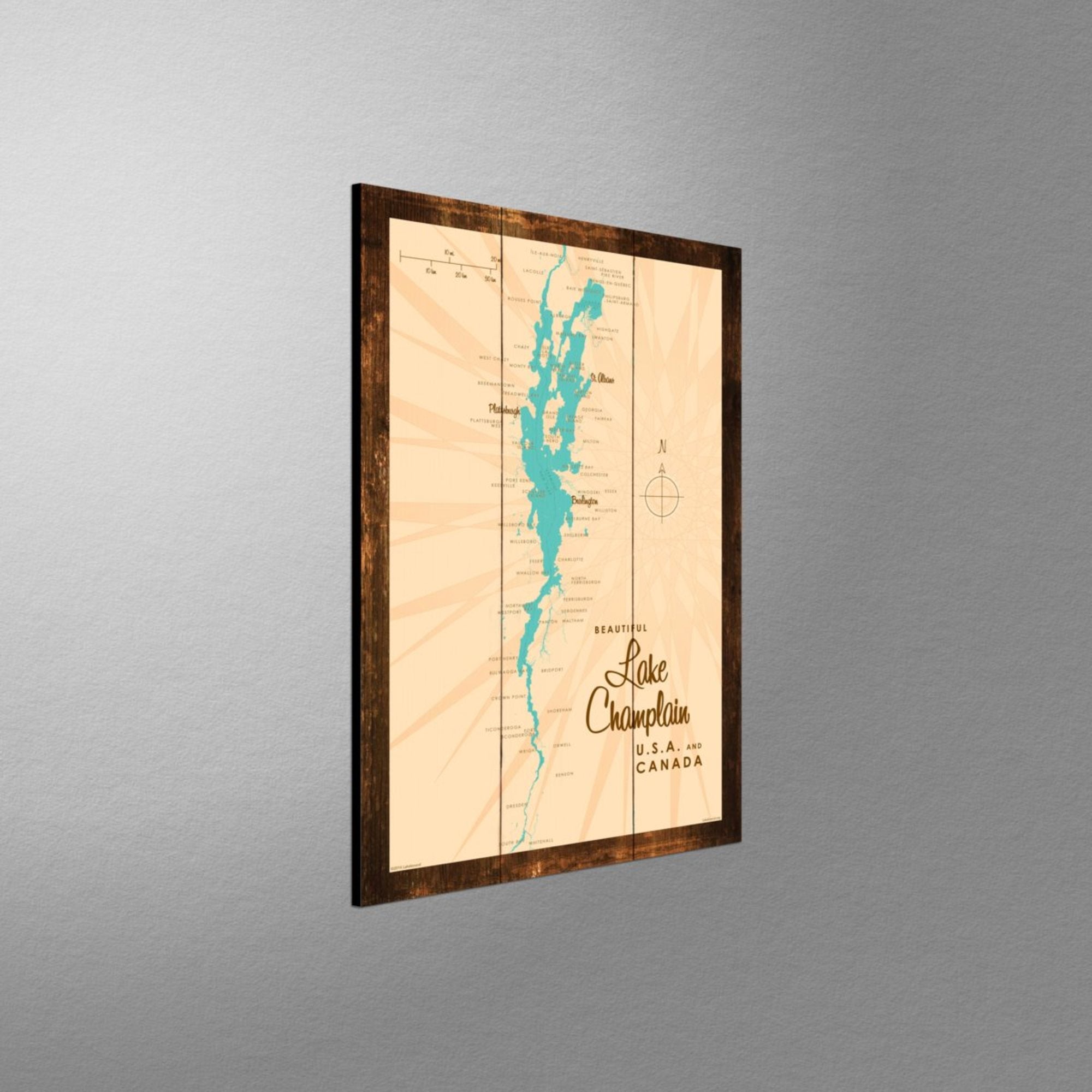 Lake Champlain New York, Rustic Wood Sign Map Art