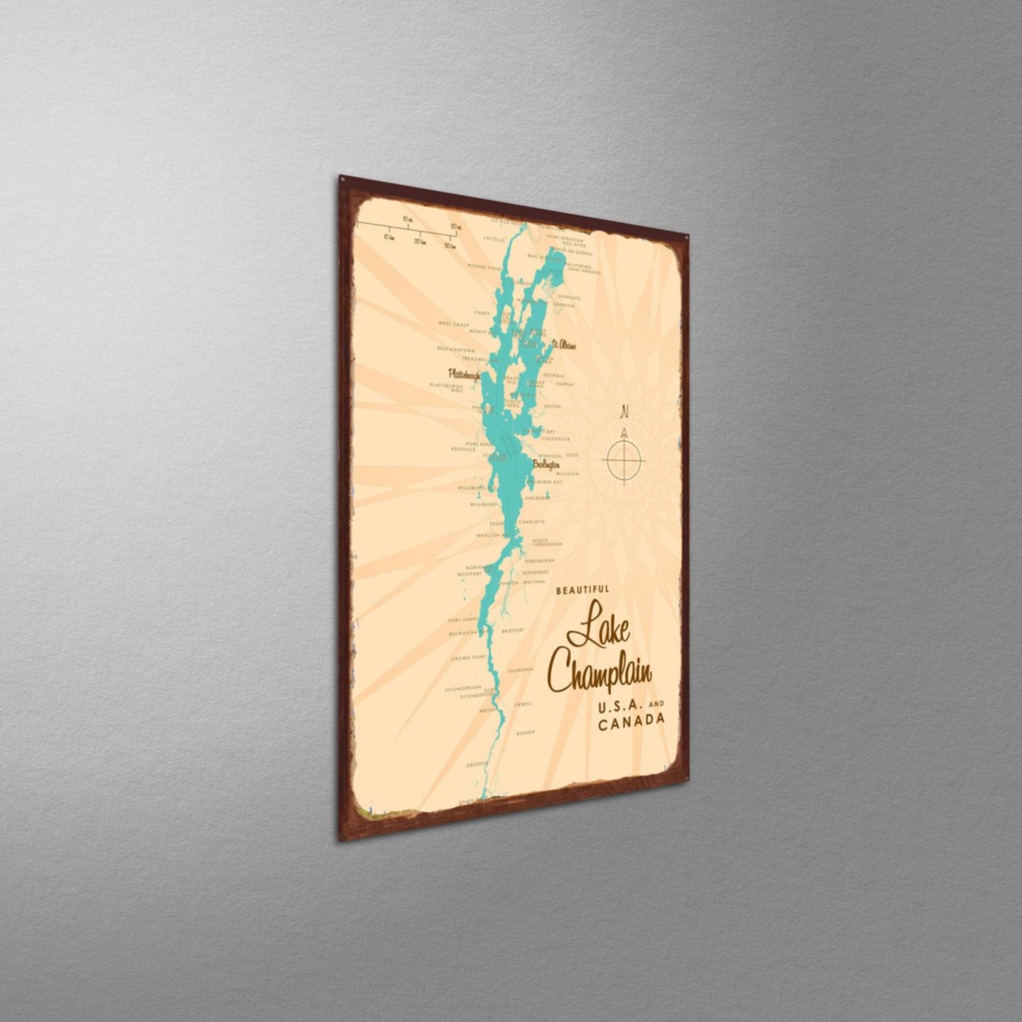 Lake Champlain New York, Rustic Metal Sign Map Art