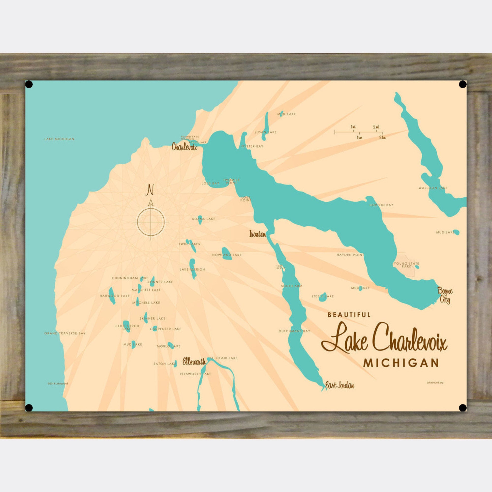 Lake Charlevoix Michigan, Wood-Mounted Metal Sign Map Art