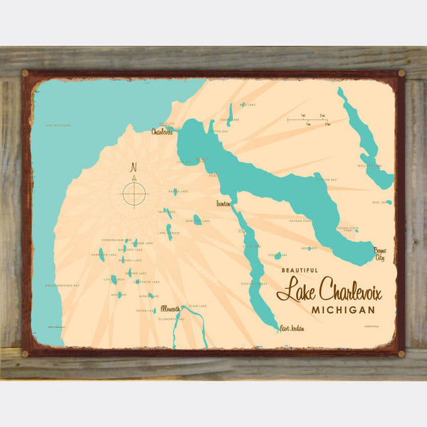 Lake Charlevoix Michigan, Wood-Mounted Rustic Metal Sign Map Art