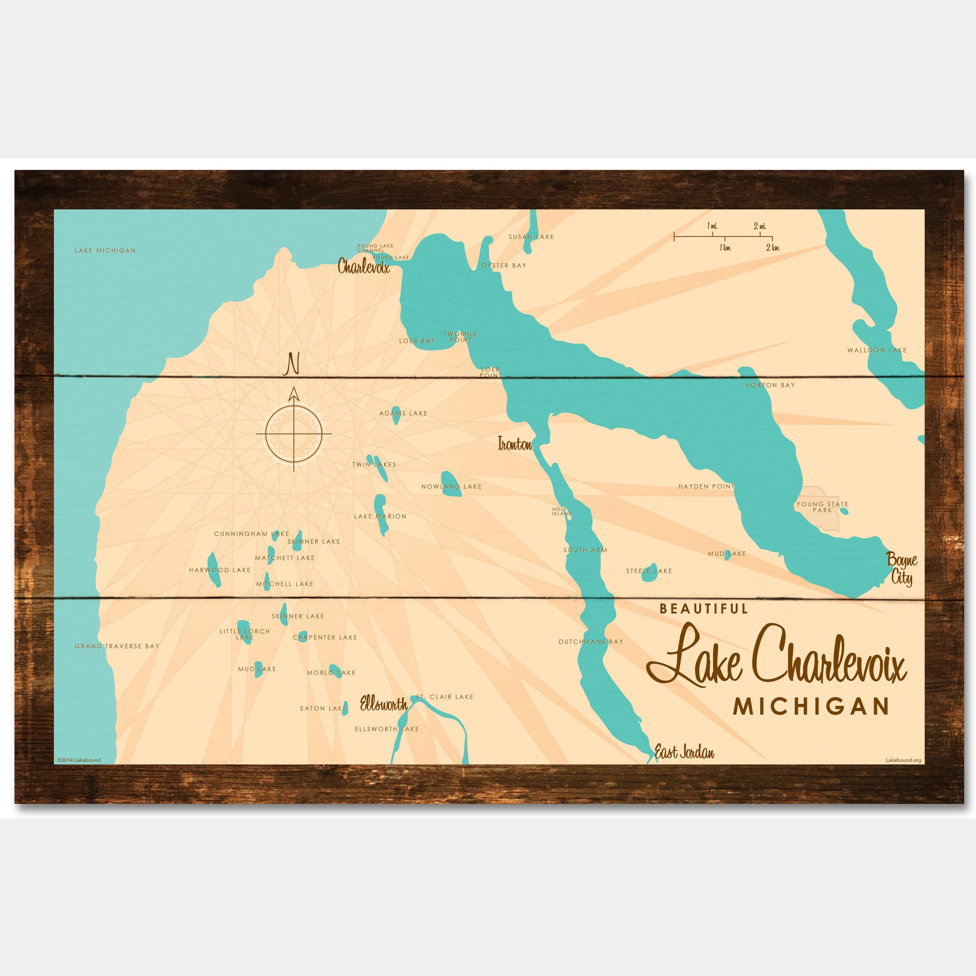 Lake Charlevoix, Rustic Wood Sign Map Art