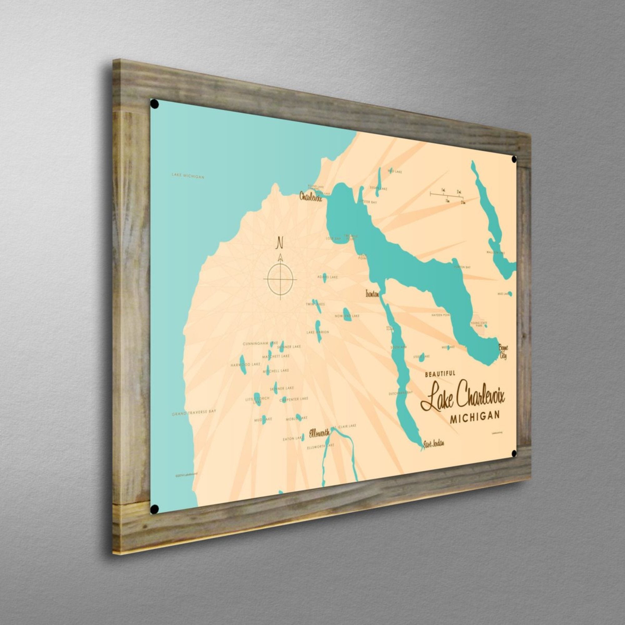 Lake Charlevoix Michigan, Wood-Mounted Metal Sign Map Art