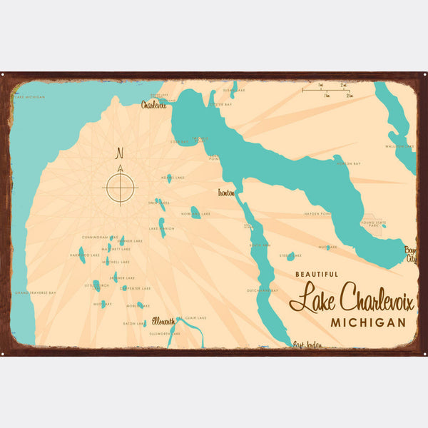 Lake Charlevoix Michigan, Rustic Metal Sign Map Art