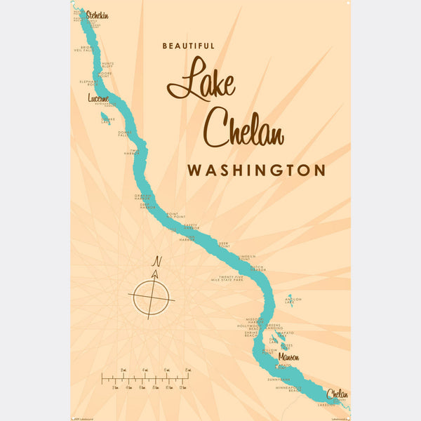 Lake Chelan Washington, Metal Sign Map Art