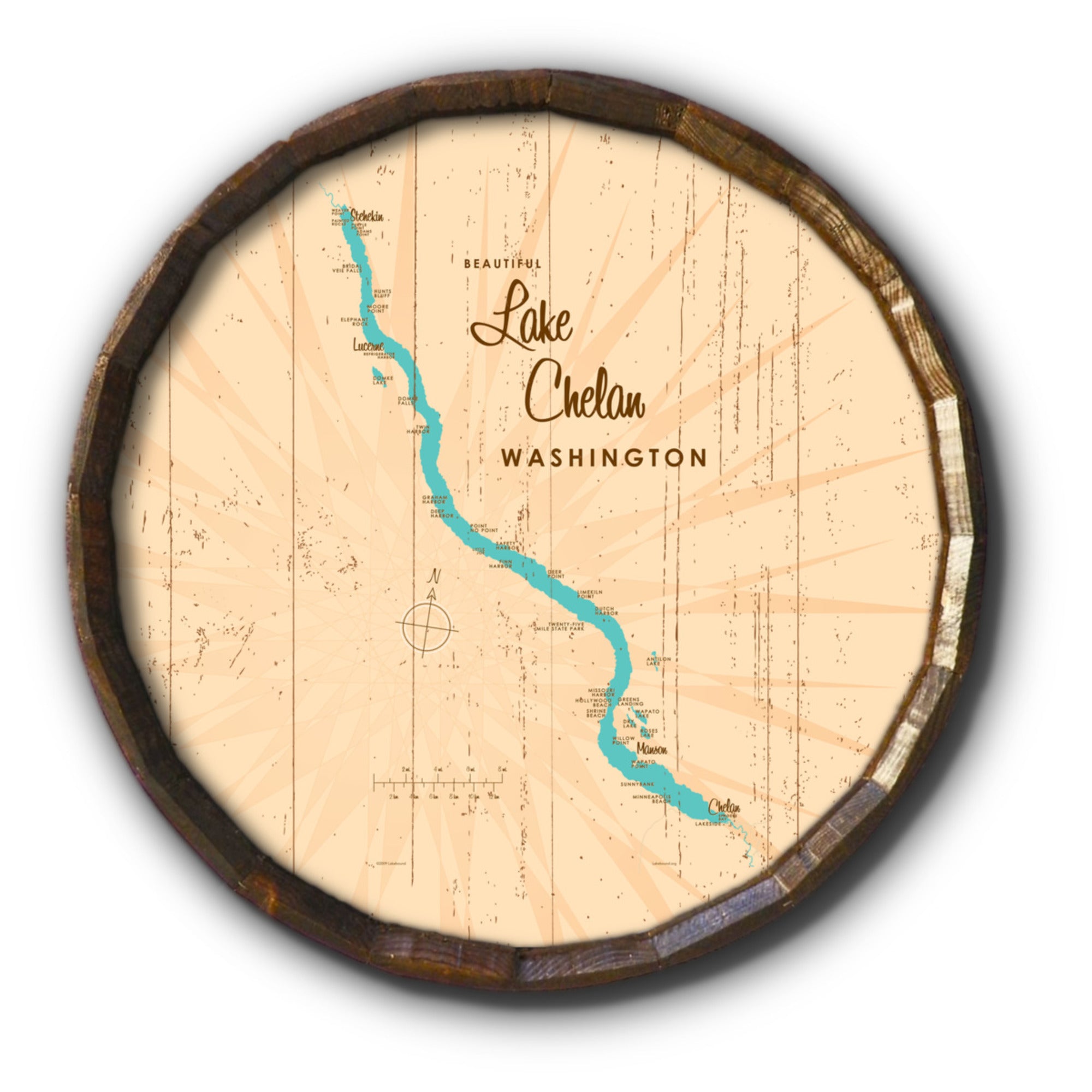 Lake Chelan Washington, Rustic Barrel End Map Art