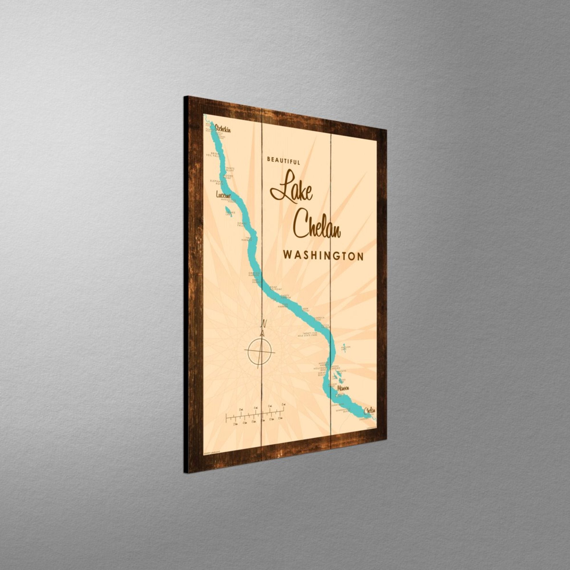 Lake Chelan Washington, Rustic Wood Sign Map Art