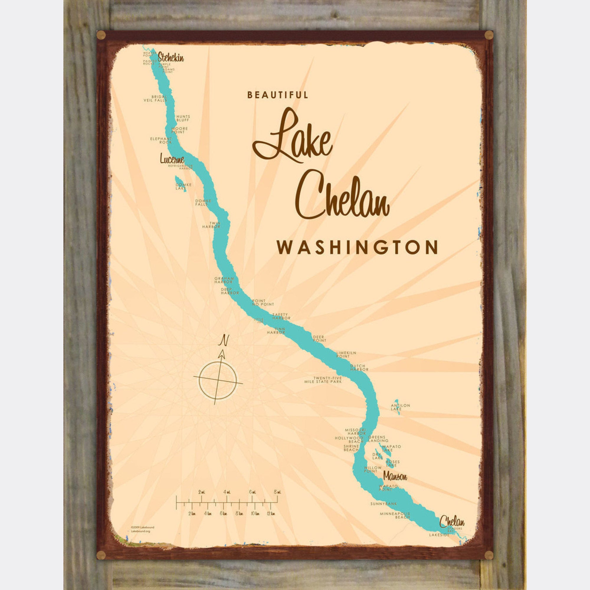 Lake Chelan Washington, Wood-Mounted Rustic Metal Sign Map Art