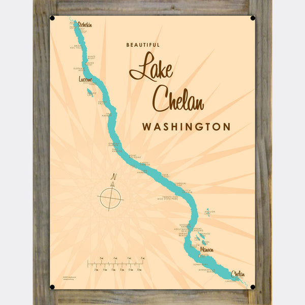 Lake Chelan Washington, Wood-Mounted Metal Sign Map Art