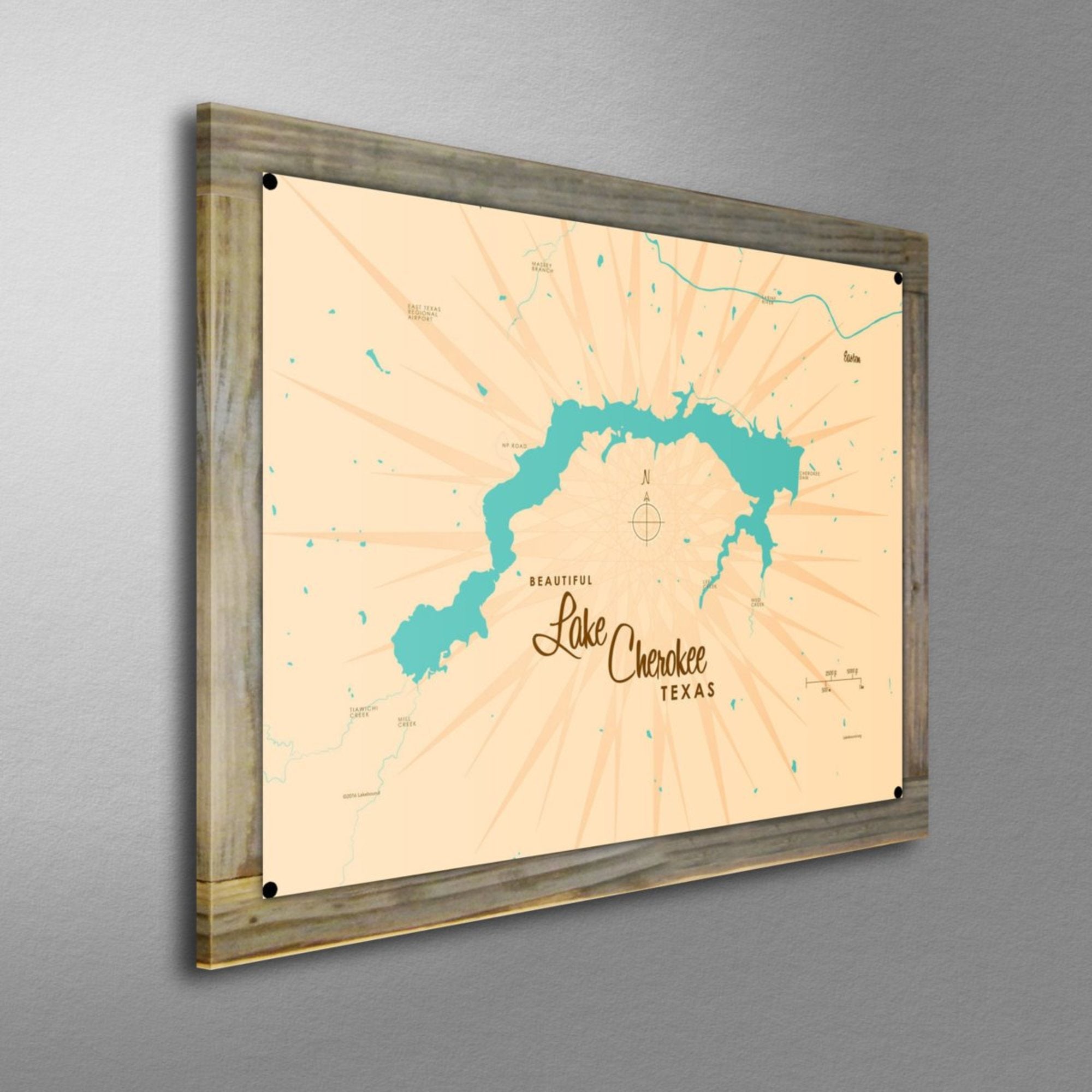 Lake Cherokee Texas, Wood-Mounted Metal Sign Map Art