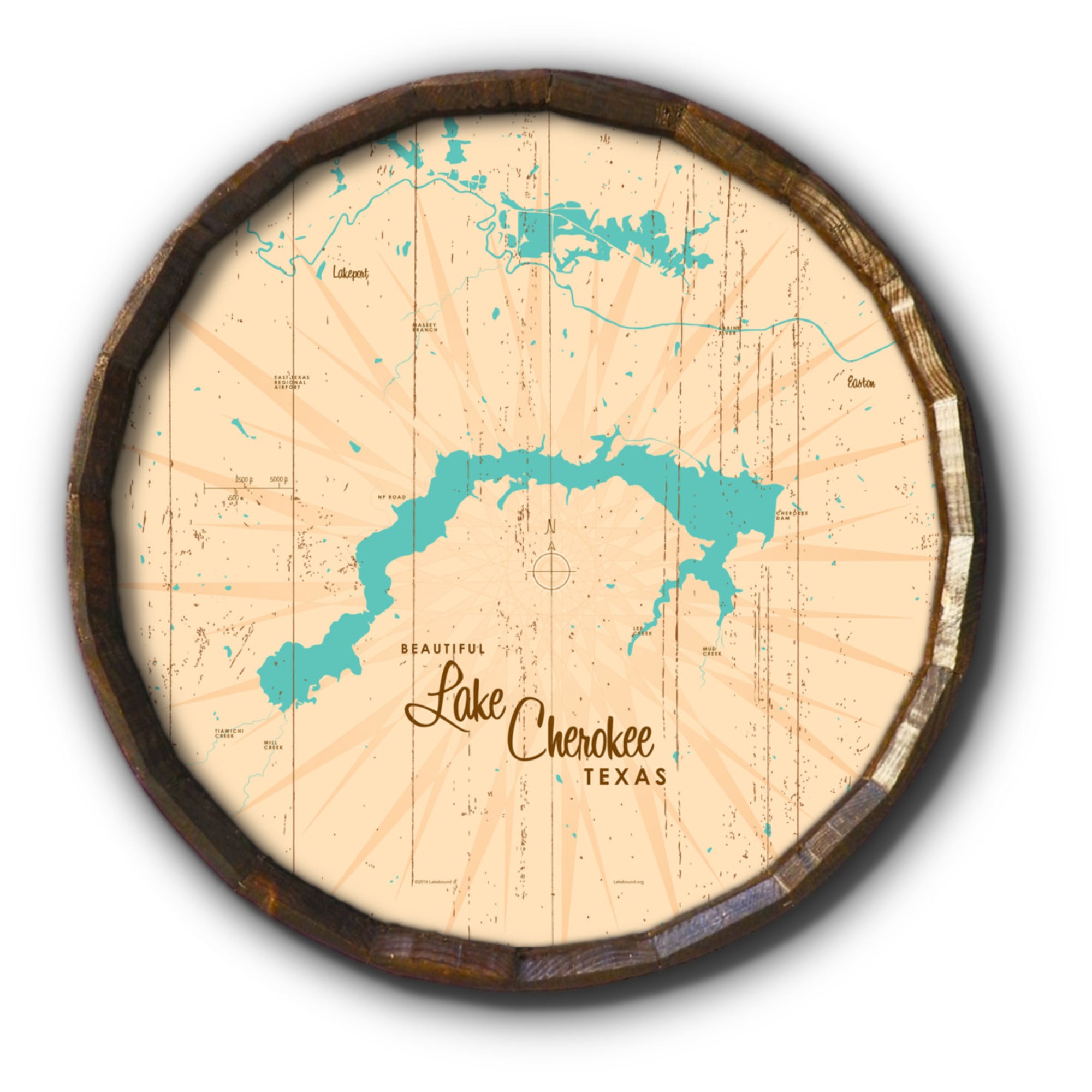 Lake Cherokee Texas, Rustic Barrel End Map Art