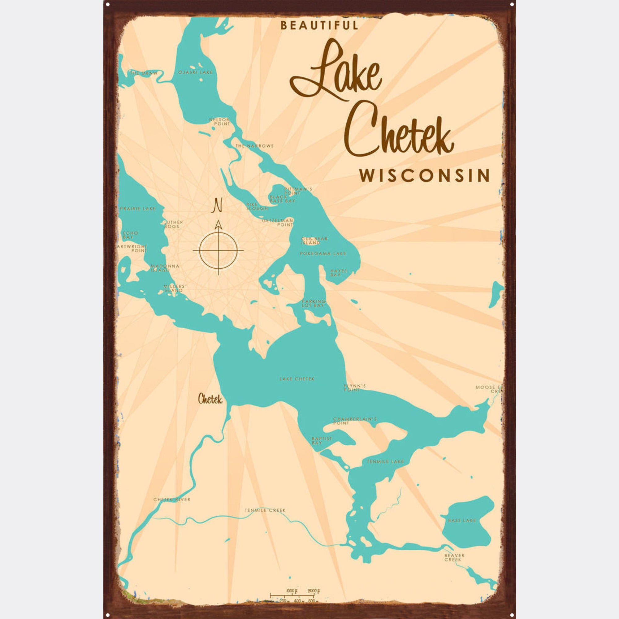 Lake Chetek Wisconsin, Rustic Metal Sign Map Art