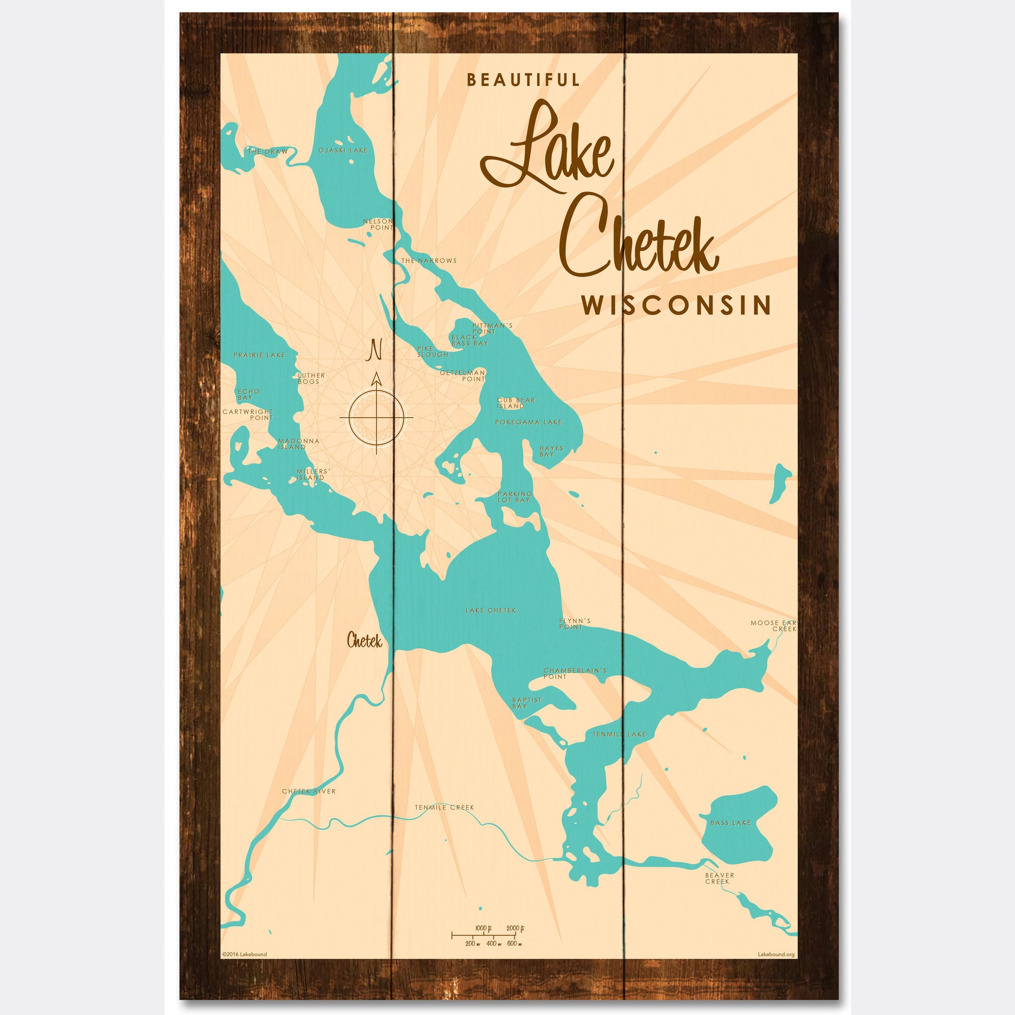 Lake Chetek Wisconsin, Rustic Wood Sign Map Art