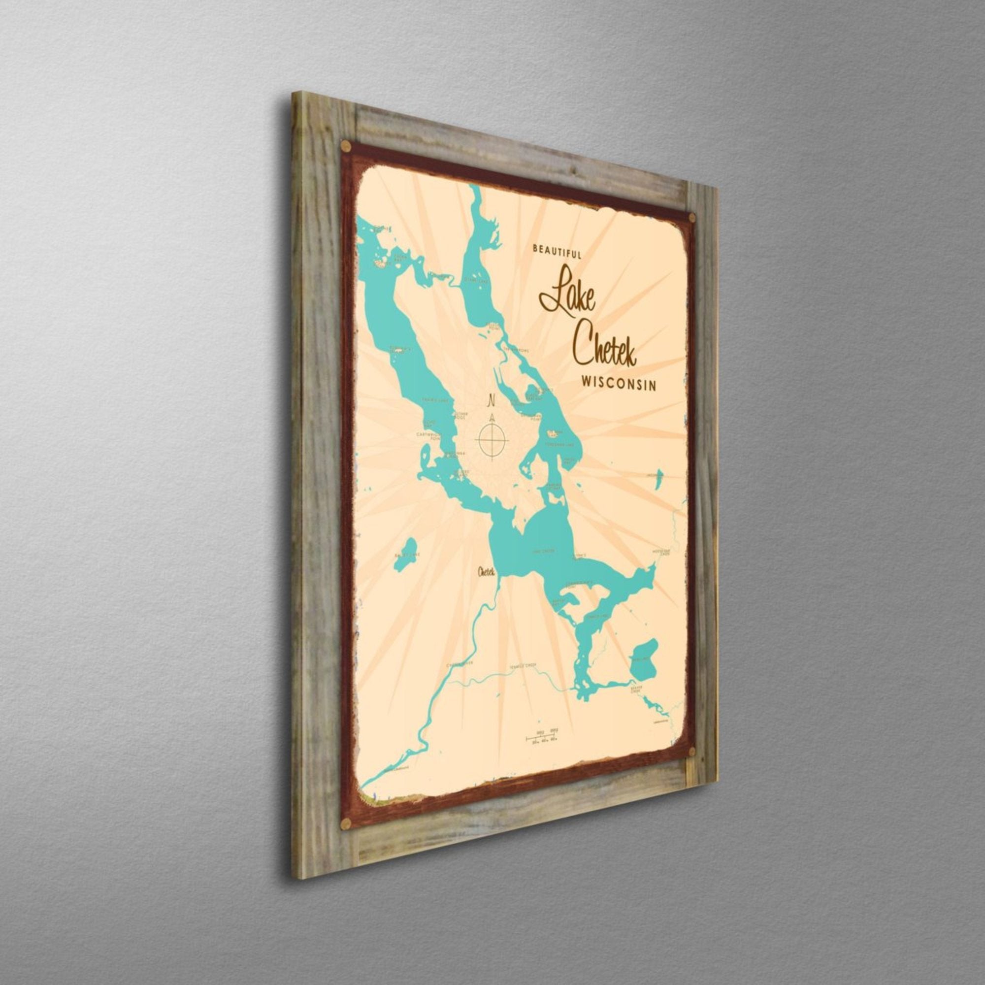 Lake Chetek Wisconsin, Wood-Mounted Rustic Metal Sign Map Art