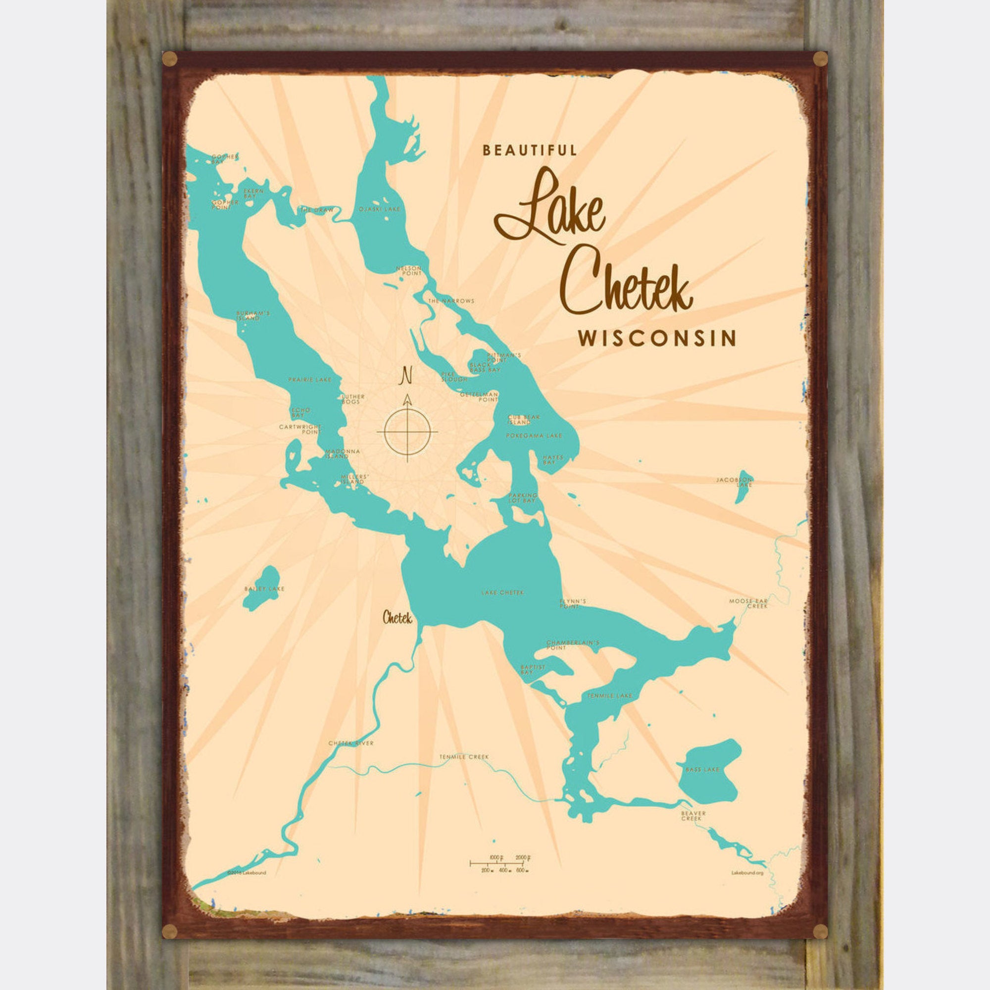 Lake Chetek Wisconsin, Wood-Mounted Rustic Metal Sign Map Art