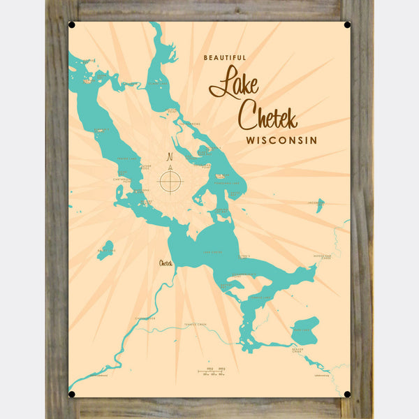 Lake Chetek Wisconsin, Wood-Mounted Metal Sign Map Art
