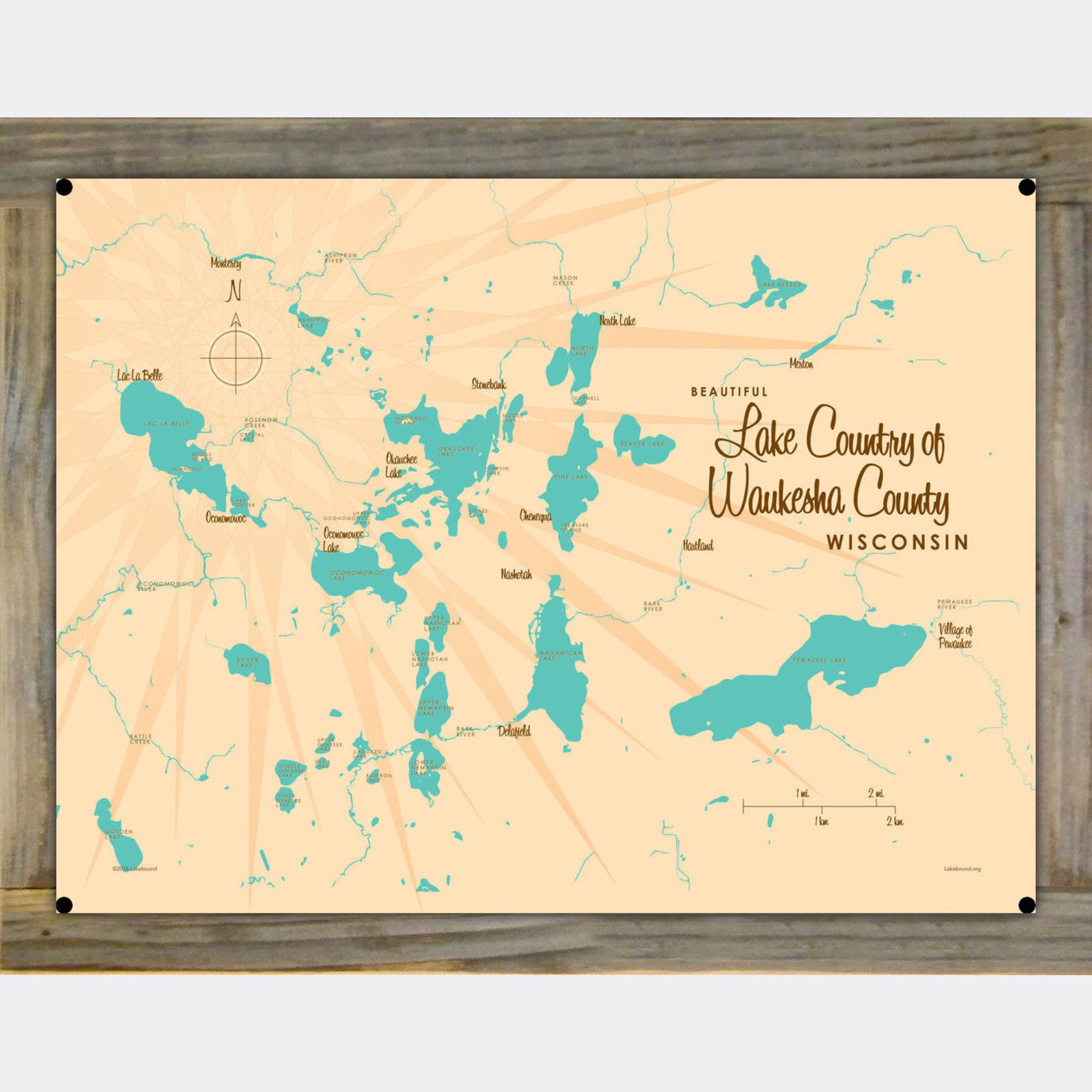 Lake Country of Waukesha County Wisconsin, Wood-Mounted Metal Sign Map Art