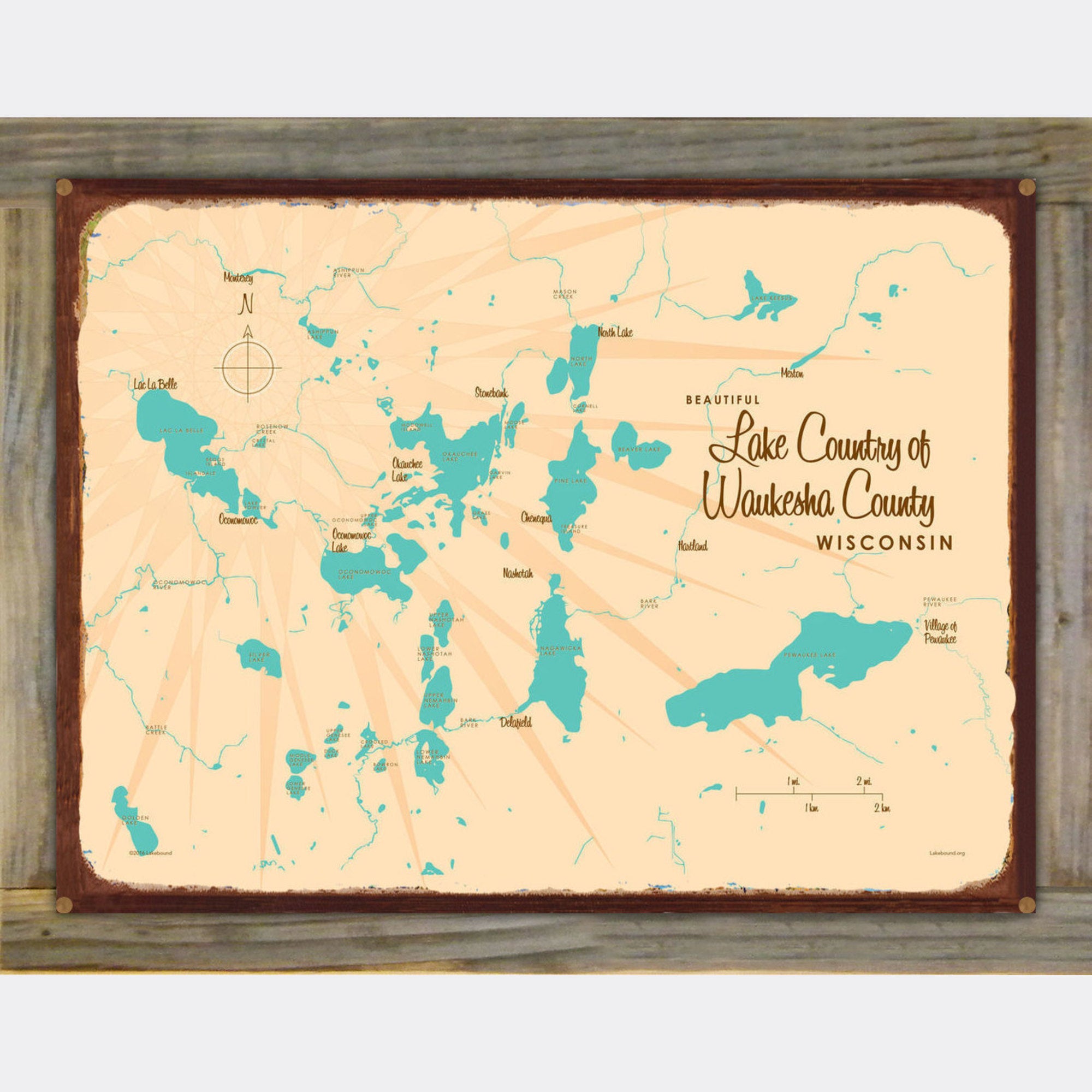 Lake Country of Waukesha County Wisconsin, Wood-Mounted Rustic Metal Sign Map Art
