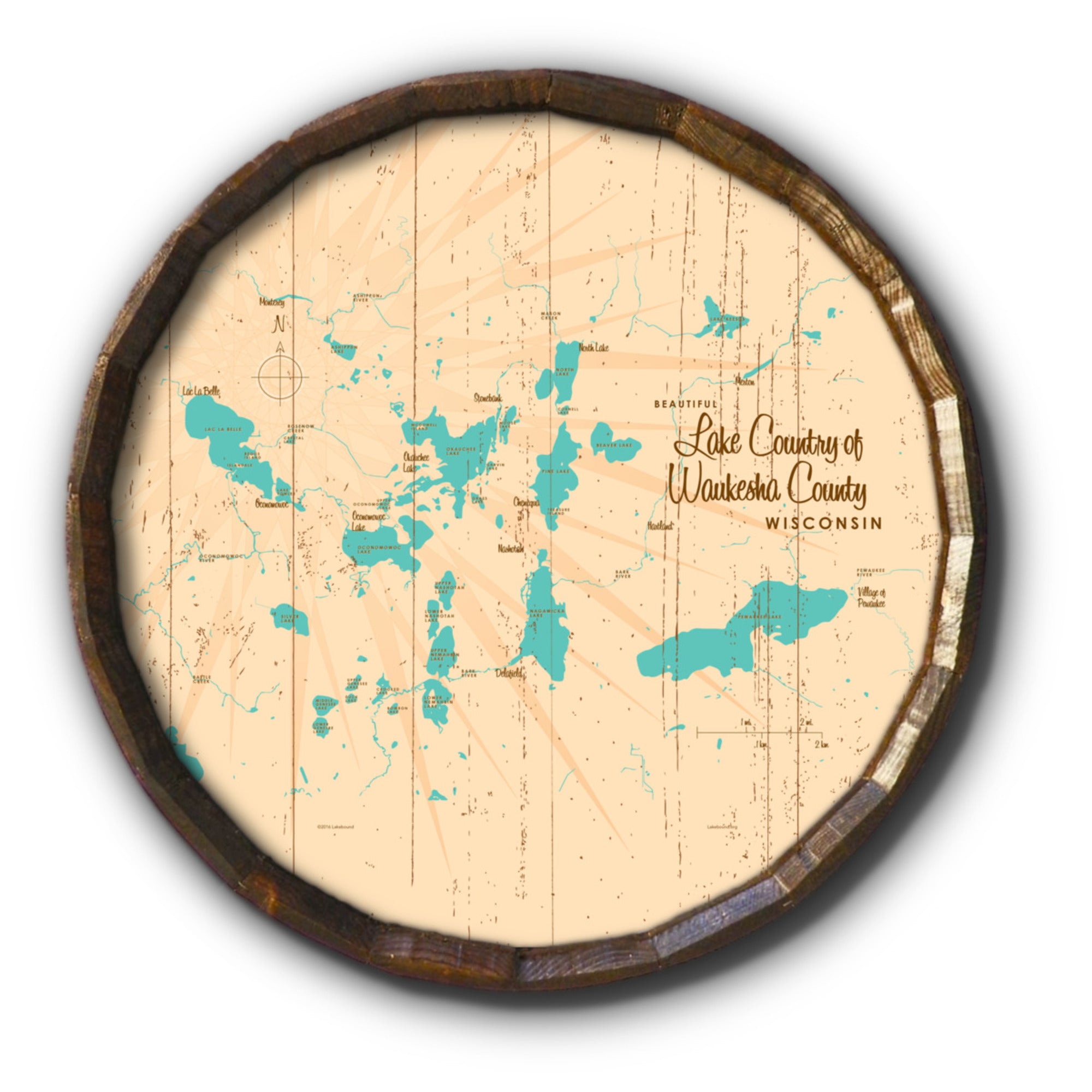 Lake Country Waukesha County Wisconsin, Rustic Barrel End Map Art