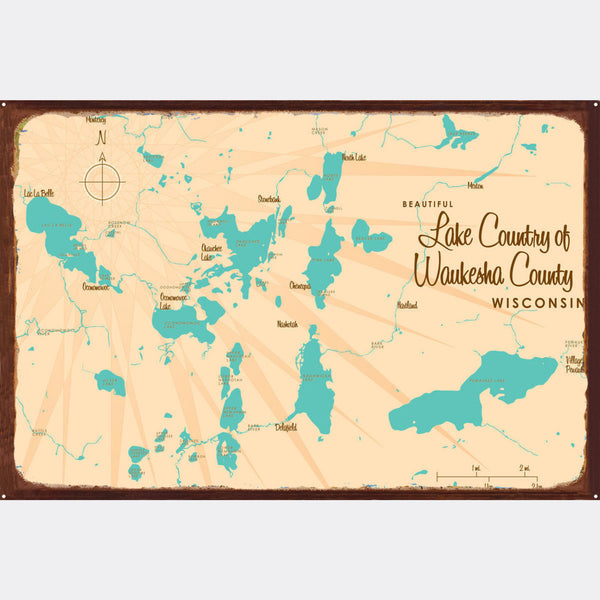 Lake Country of Waukesha County Wisconsin, Rustic Metal Sign Map Art