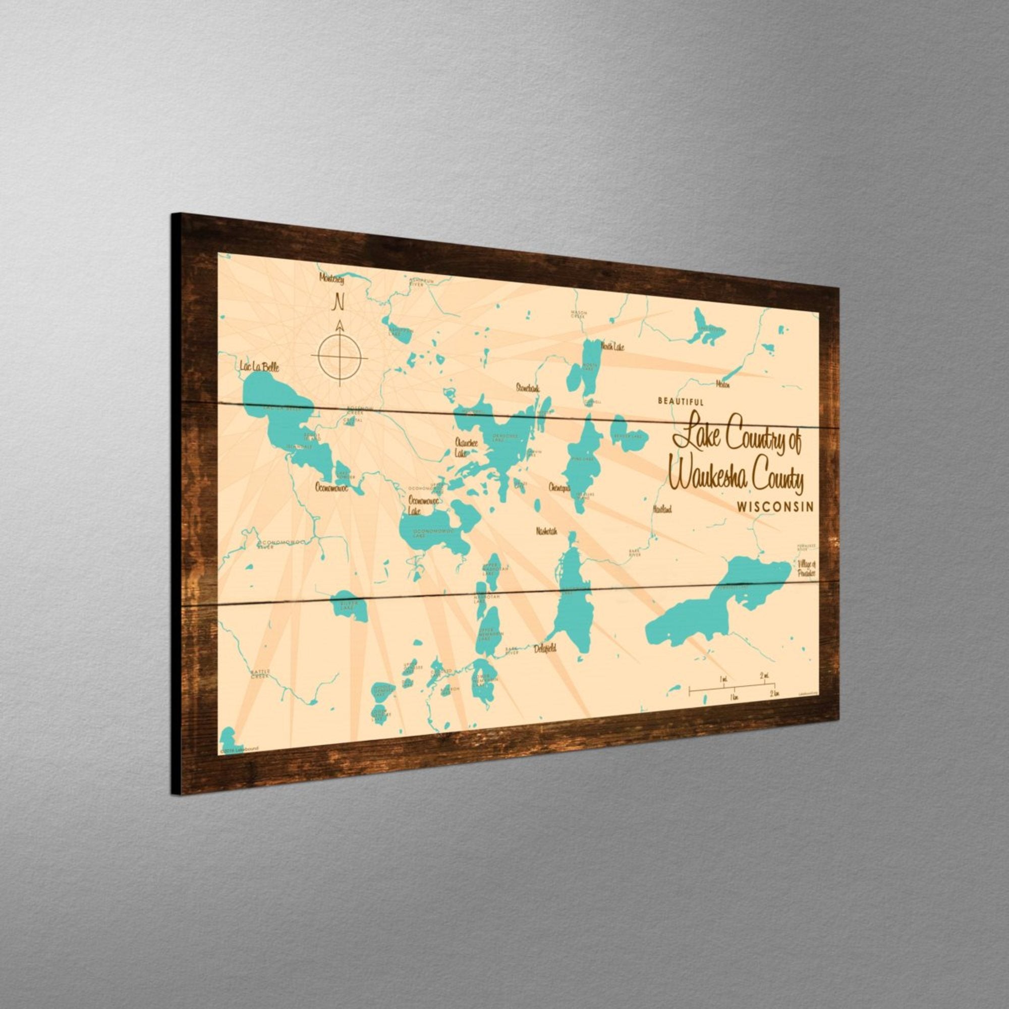 Lake Country Waukesha County Wisconsin, Rustic Wood Sign Map Art