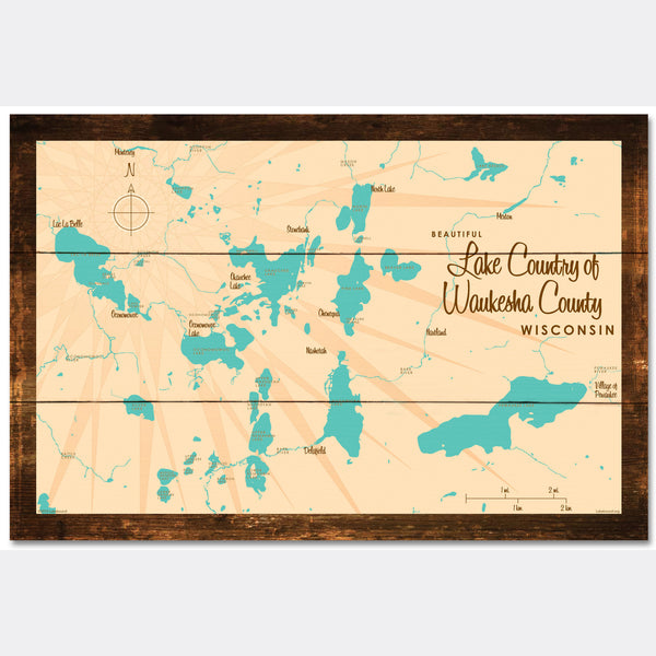 Lake Country Waukesha County Wisconsin, Rustic Wood Sign Map Art