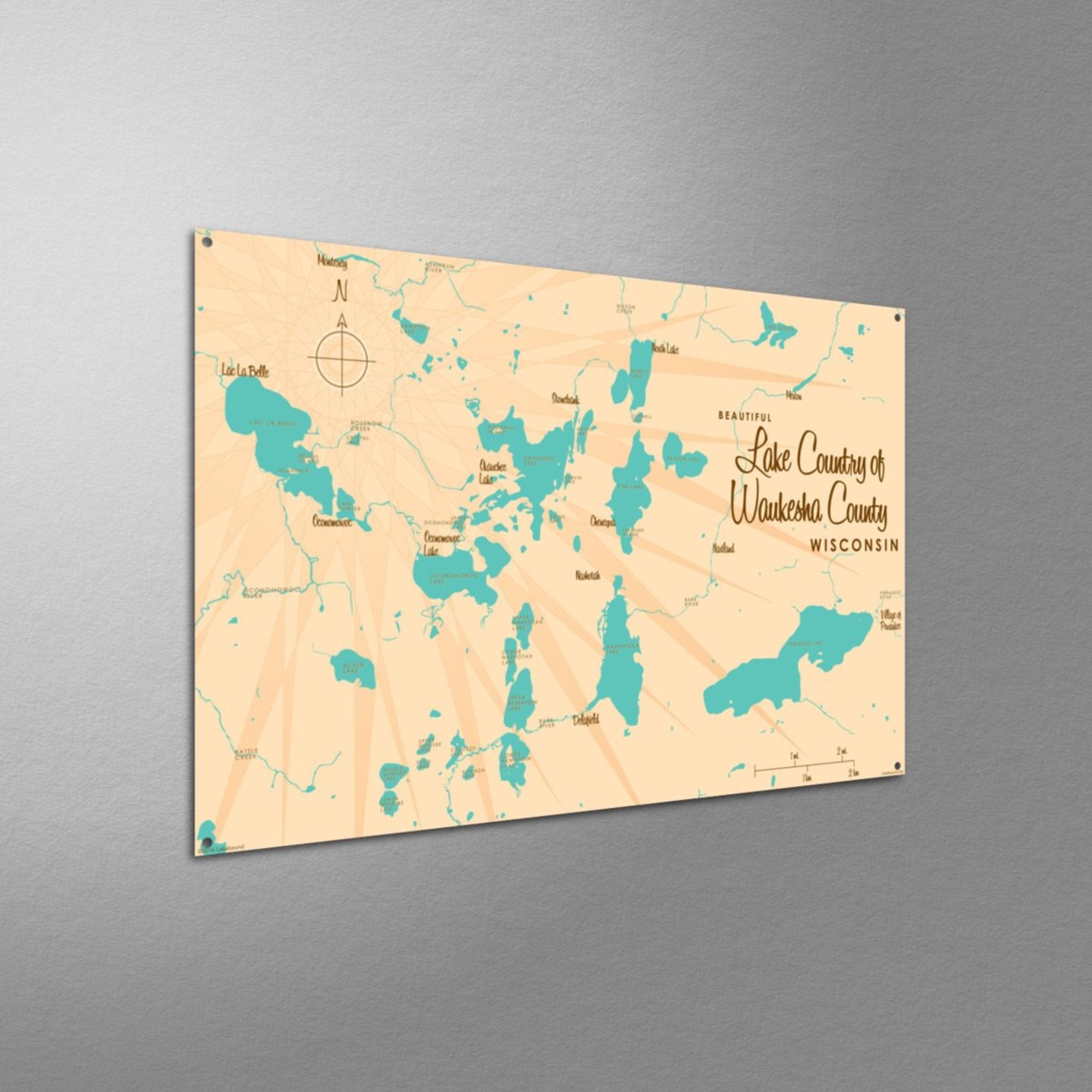 Lake Country of Waukesha County Wisconsin, Metal Sign Map Art