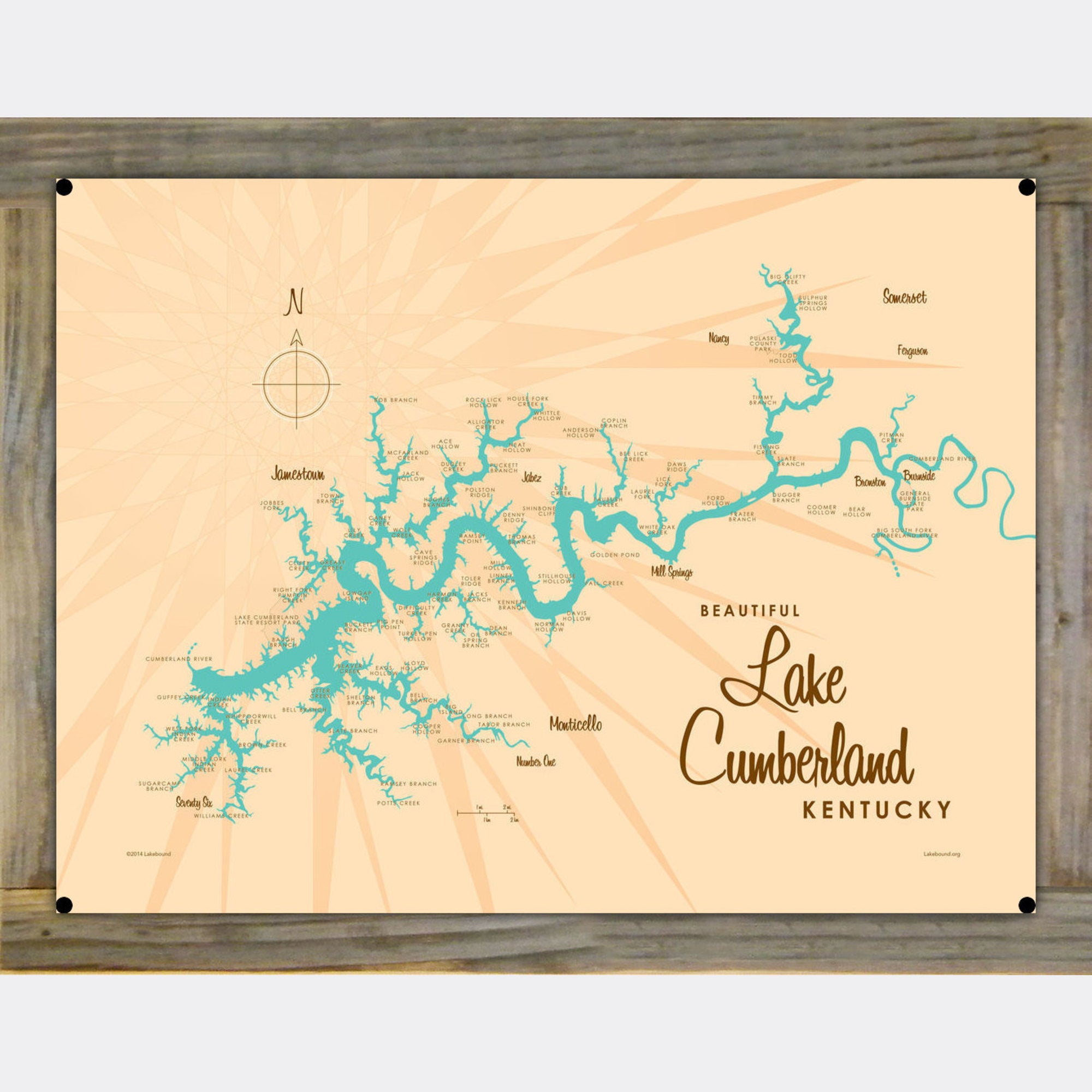 Lake Cumberland Kentucky, Wood-Mounted Metal Sign Map Art