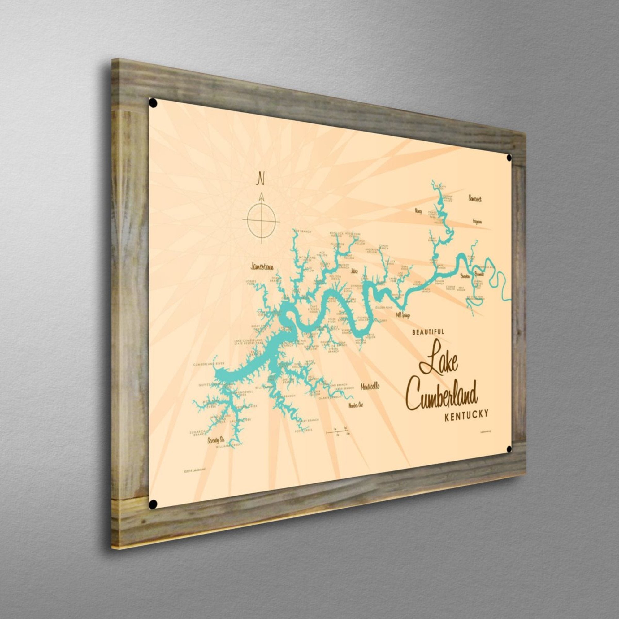 Lake Cumberland Kentucky, Wood-Mounted Metal Sign Map Art