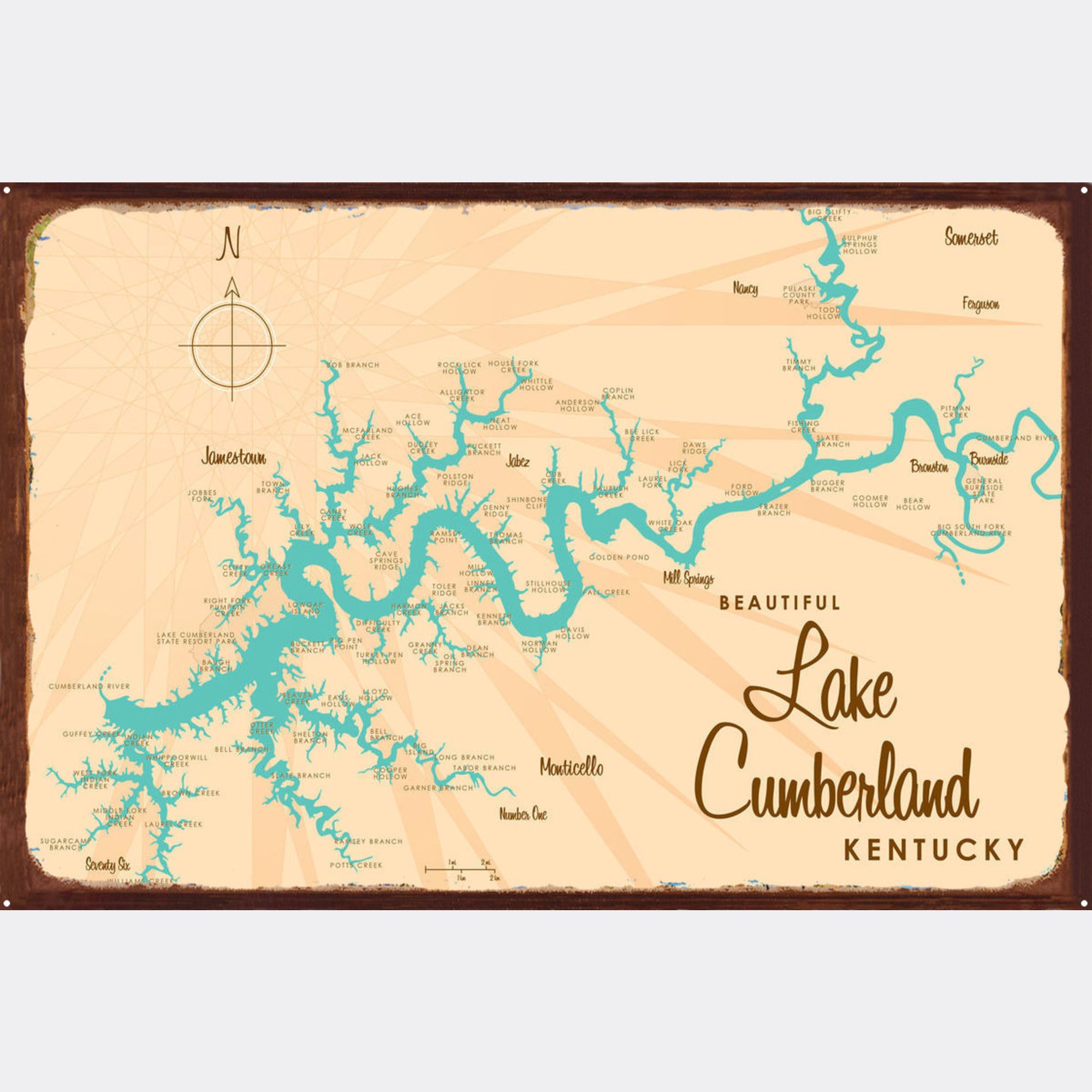 Lake Cumberland Kentucky, Rustic Metal Sign Map Art