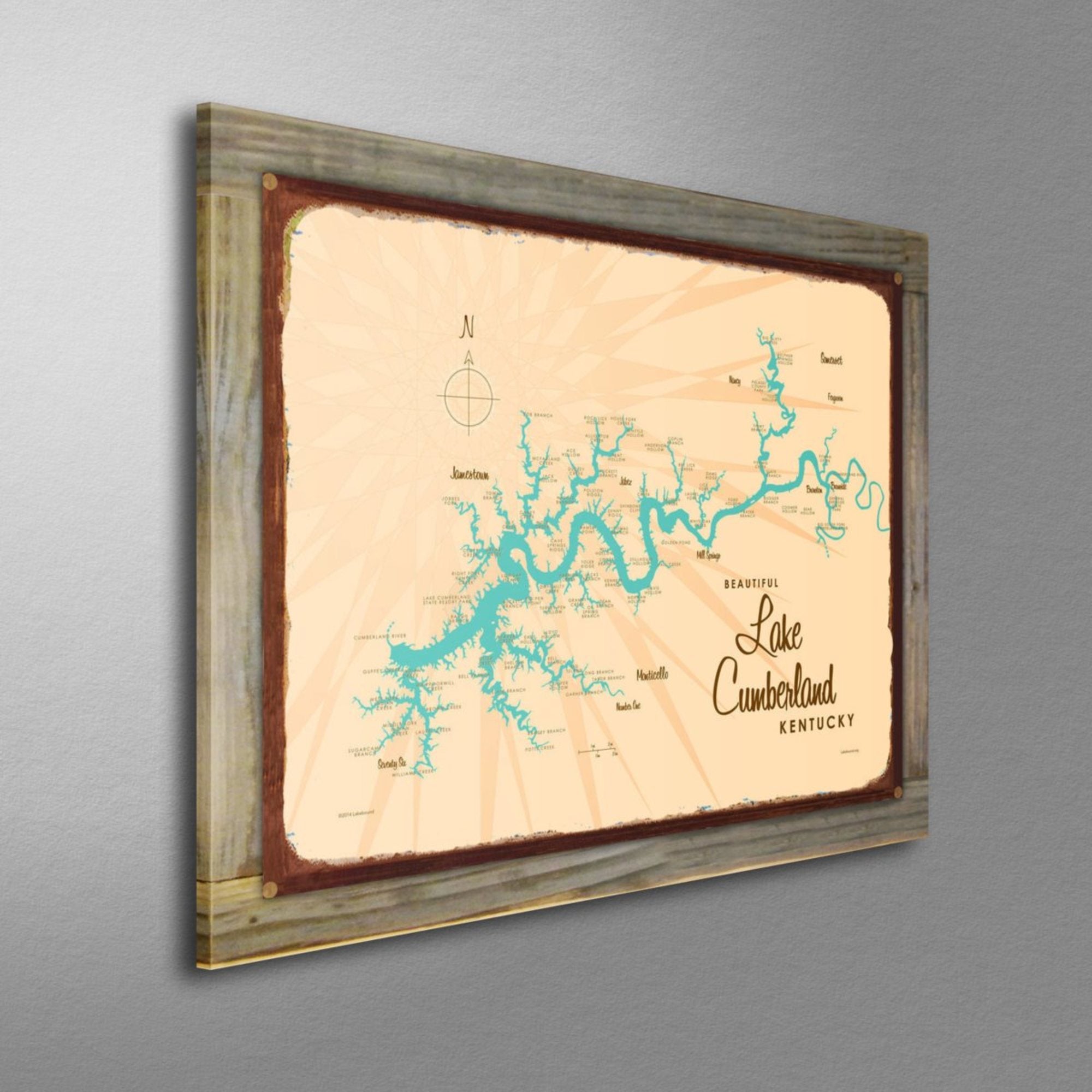 Lake Cumberland Kentucky, Wood-Mounted Rustic Metal Sign Map Art
