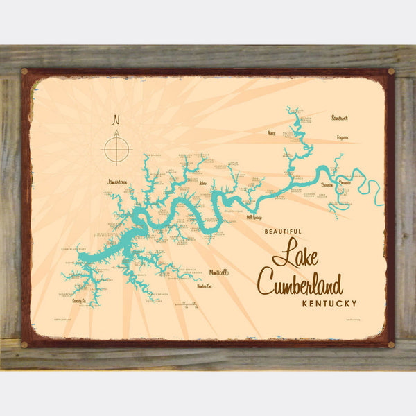 Lake Cumberland Kentucky, Wood-Mounted Rustic Metal Sign Map Art