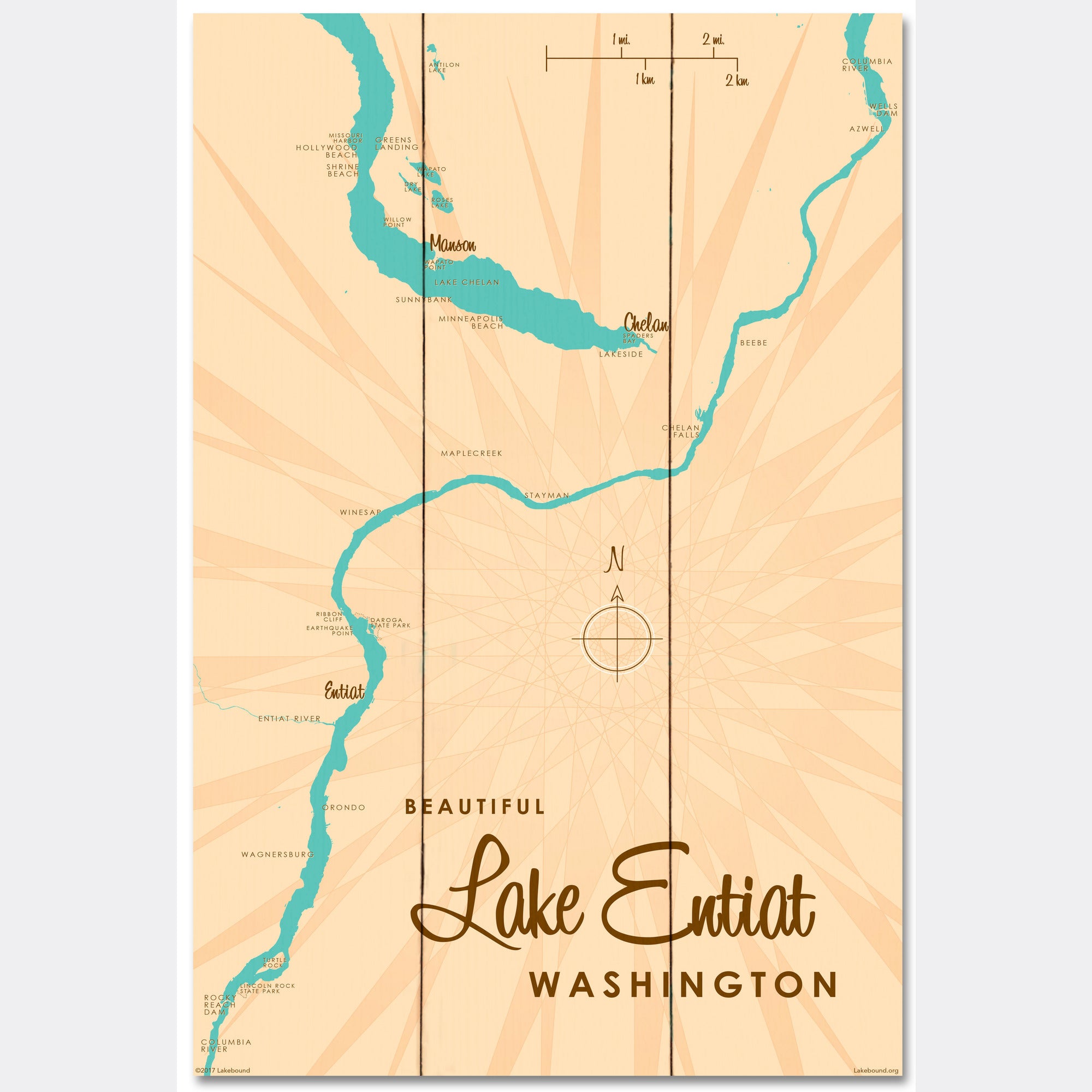 Lake Entiat Washington, Wood Sign Map Art