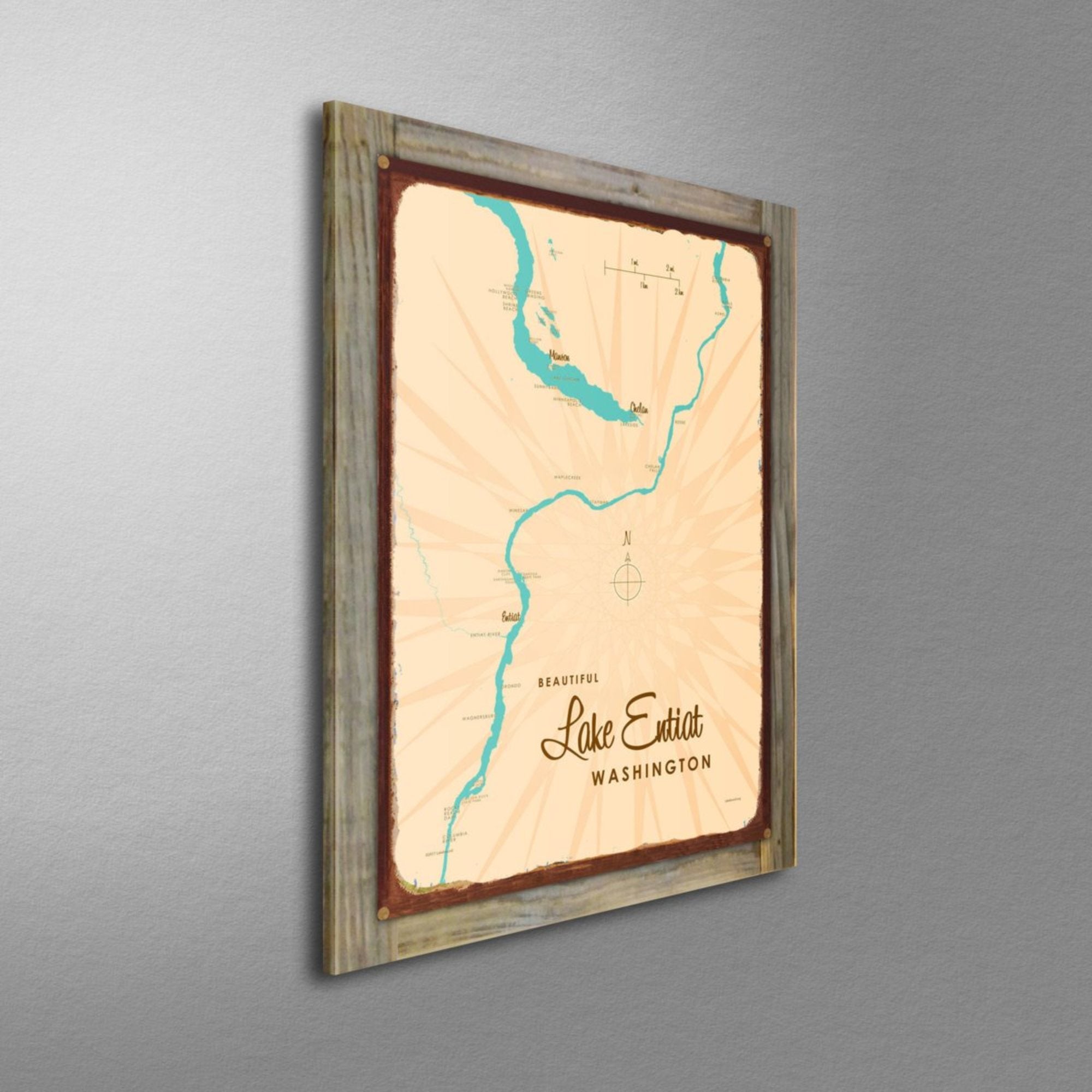 Lake Entiat Washington, Wood-Mounted Rustic Metal Sign Map Art