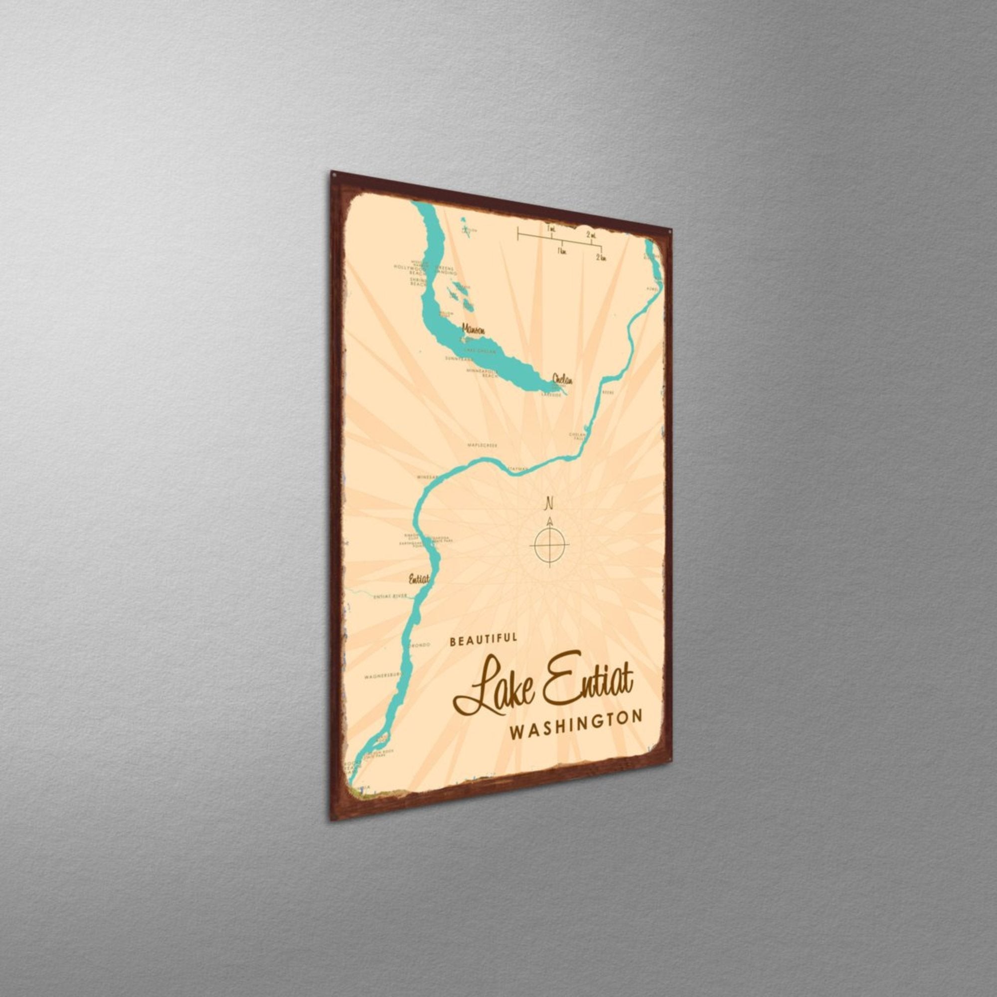 Lake Entiat Washington, Rustic Metal Sign Map Art