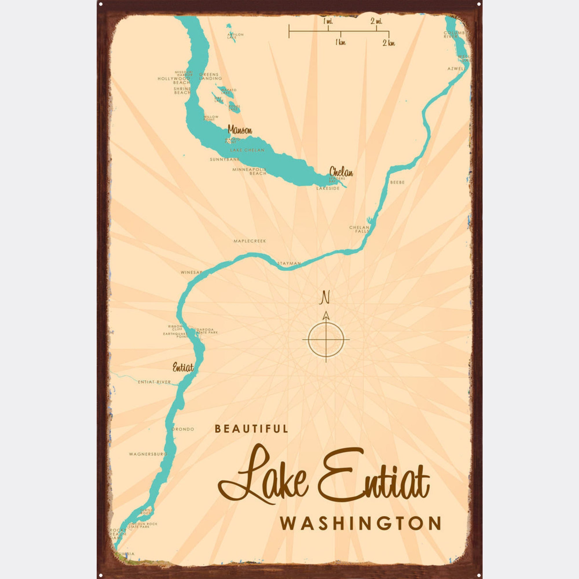 Lake Entiat Washington, Rustic Metal Sign Map Art