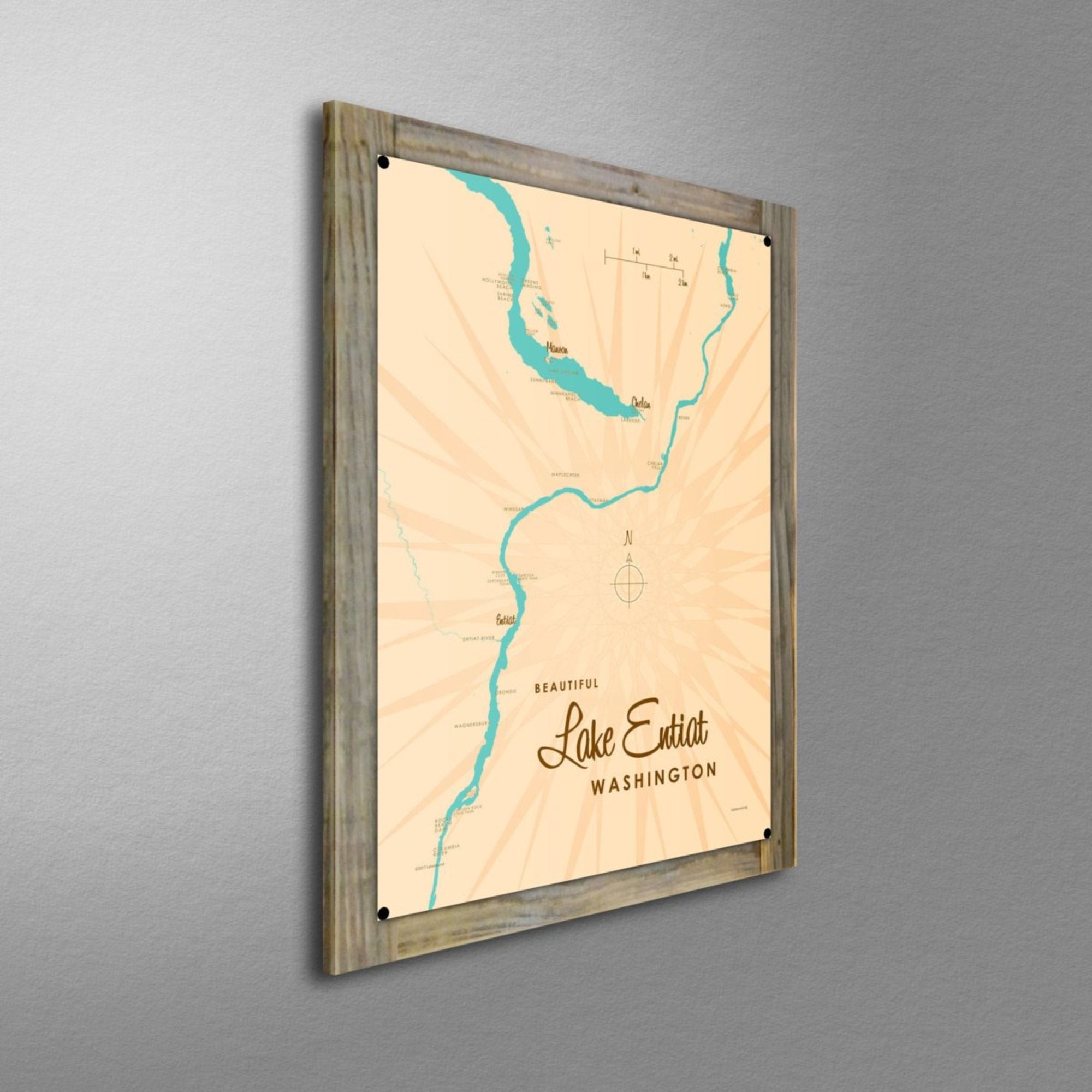 Lake Entiat Washington, Wood-Mounted Metal Sign Map Art