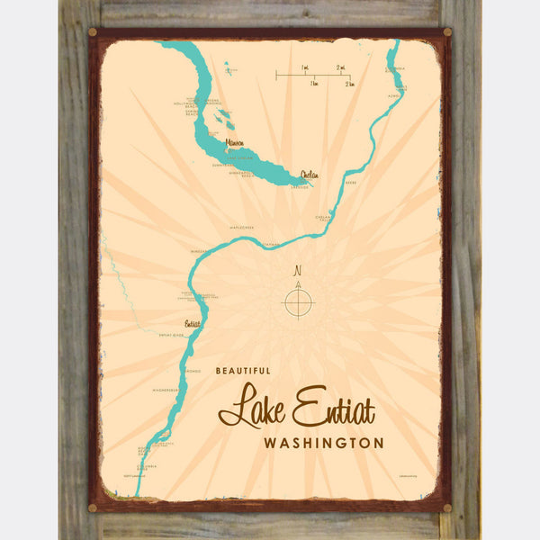 Lake Entiat Washington, Wood-Mounted Rustic Metal Sign Map Art