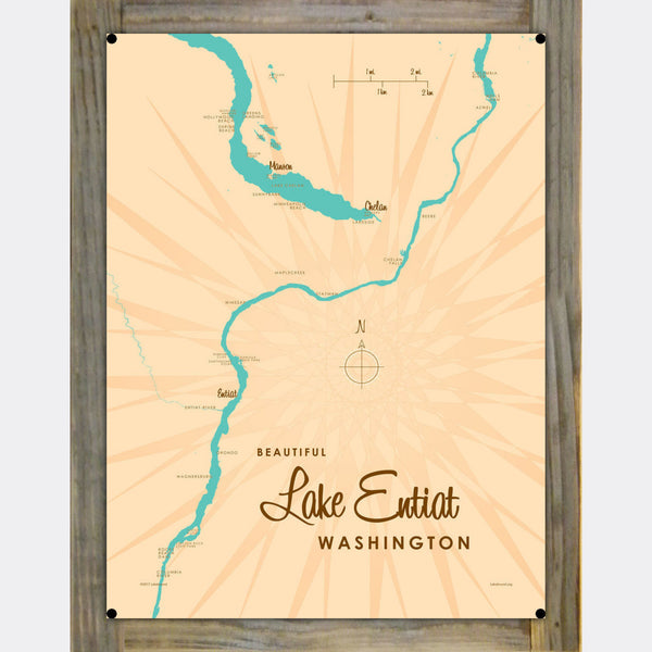 Lake Entiat Washington, Wood-Mounted Metal Sign Map Art