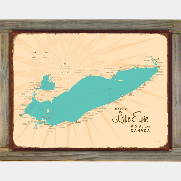 Lake Erie USA Canada, Wood-Mounted Rustic Metal Sign Map Art