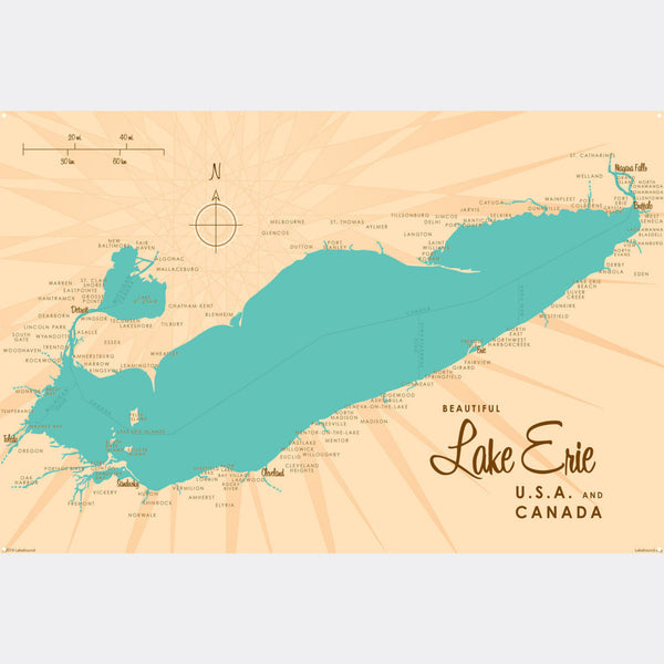 Lake Erie USA Canada, Metal Sign Map Art