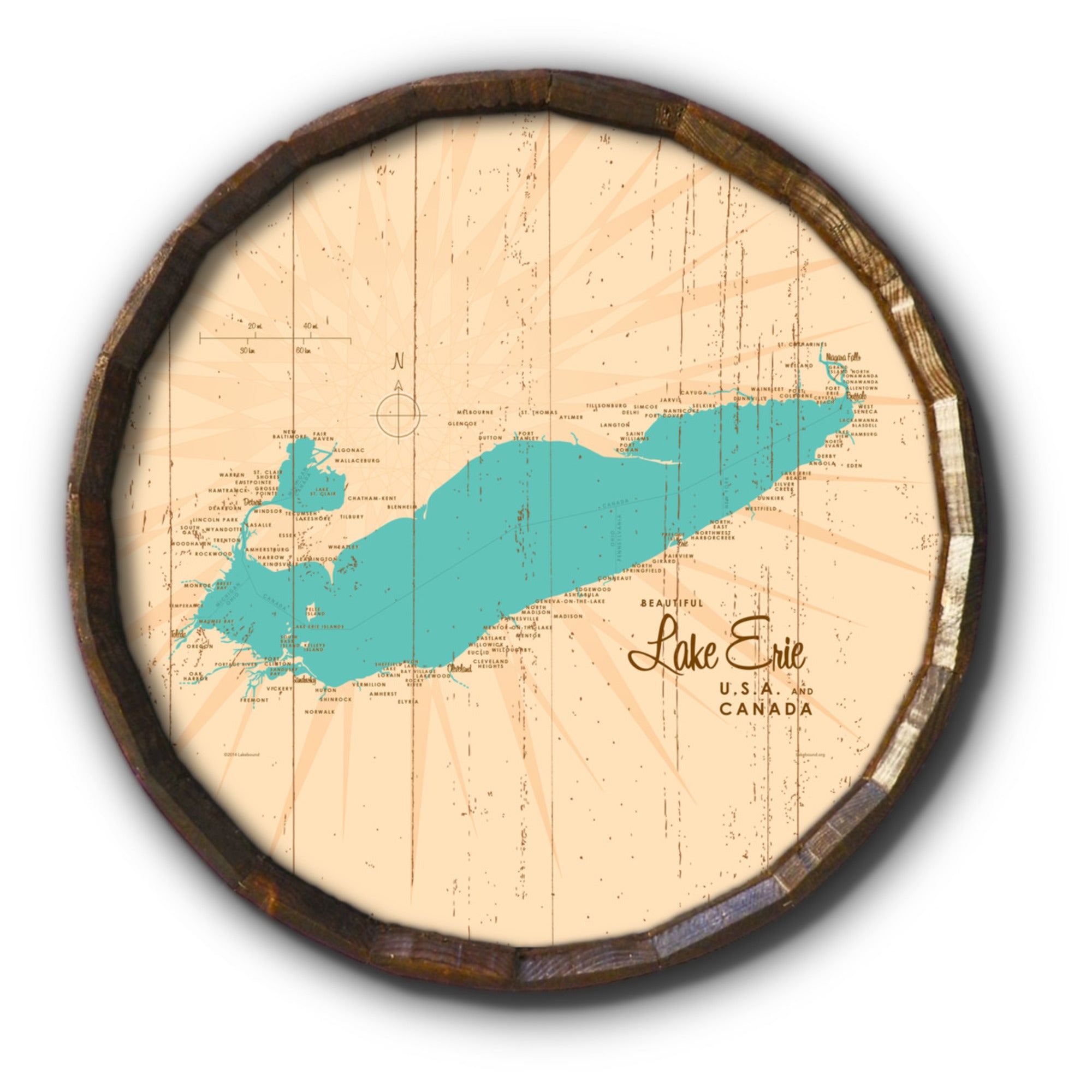 Lake Erie Ohio, Rustic Barrel End Map Art